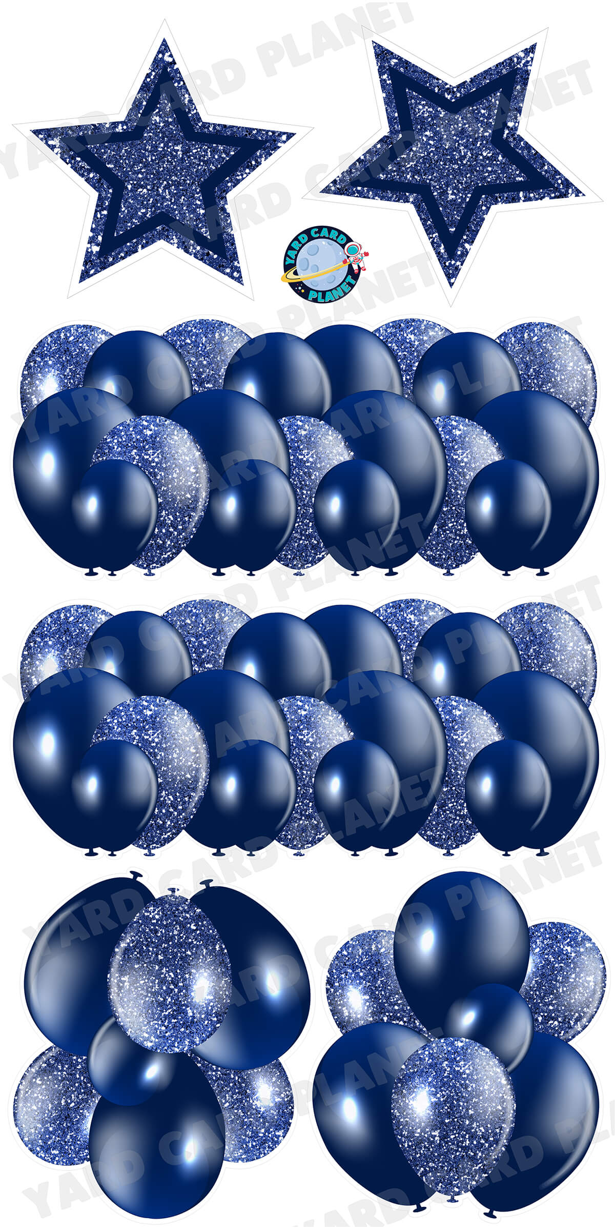 Navy Blue Solid and Glitter Pattern Balloon Panels, Bouquets and Large Stars Yard Card Set