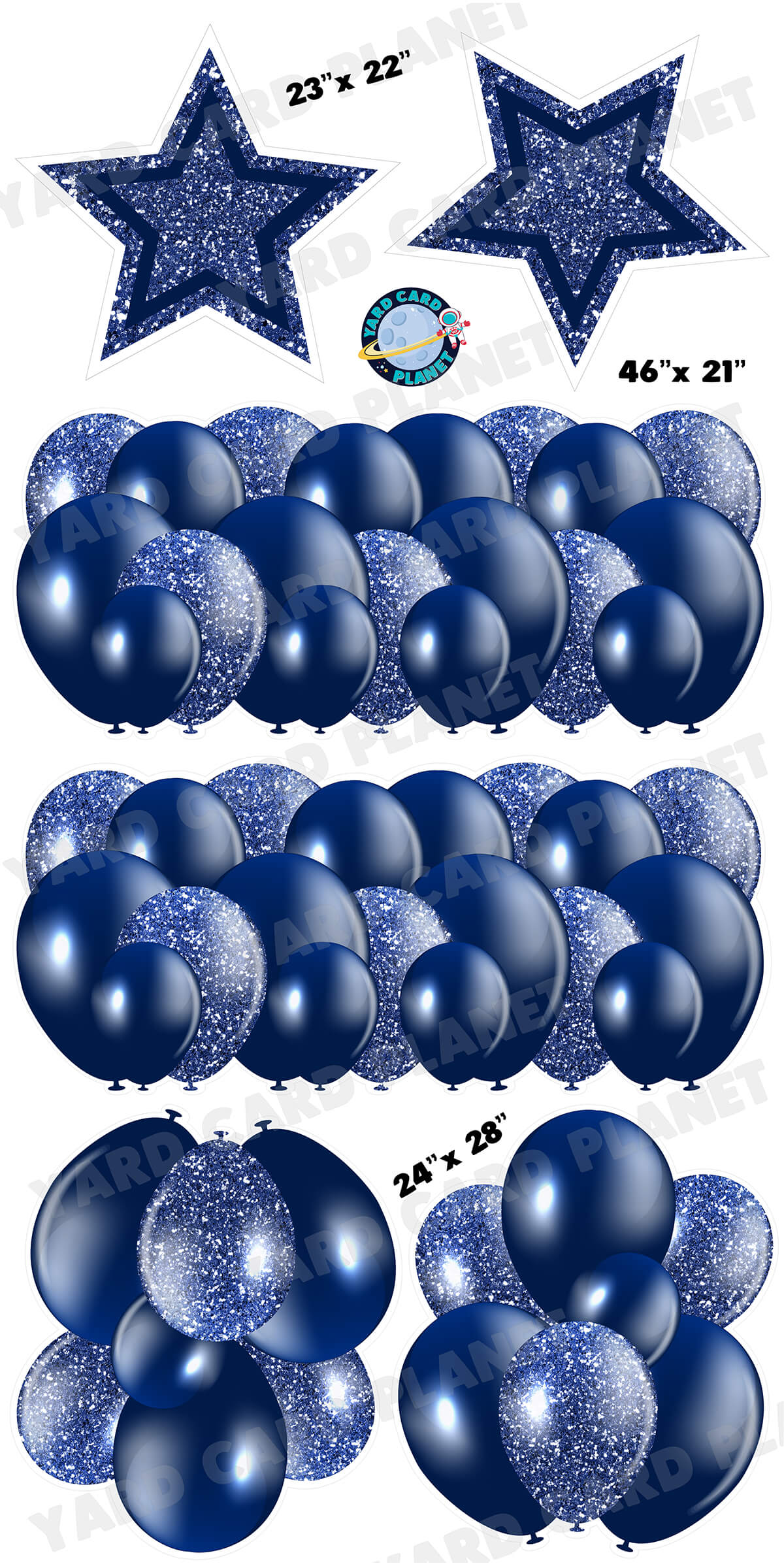 Navy Blue Solid and Glitter Pattern Balloon Panels, Bouquets and Large Stars Yard Card Set