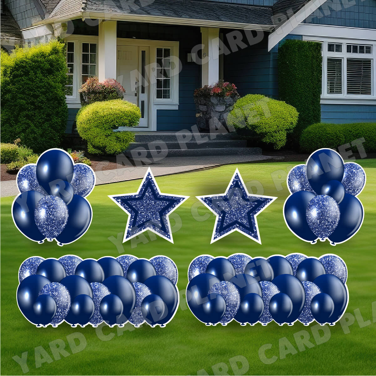 Navy Blue Solid and Glitter Pattern Balloon Panels, Bouquets and Large Stars Yard Card Set