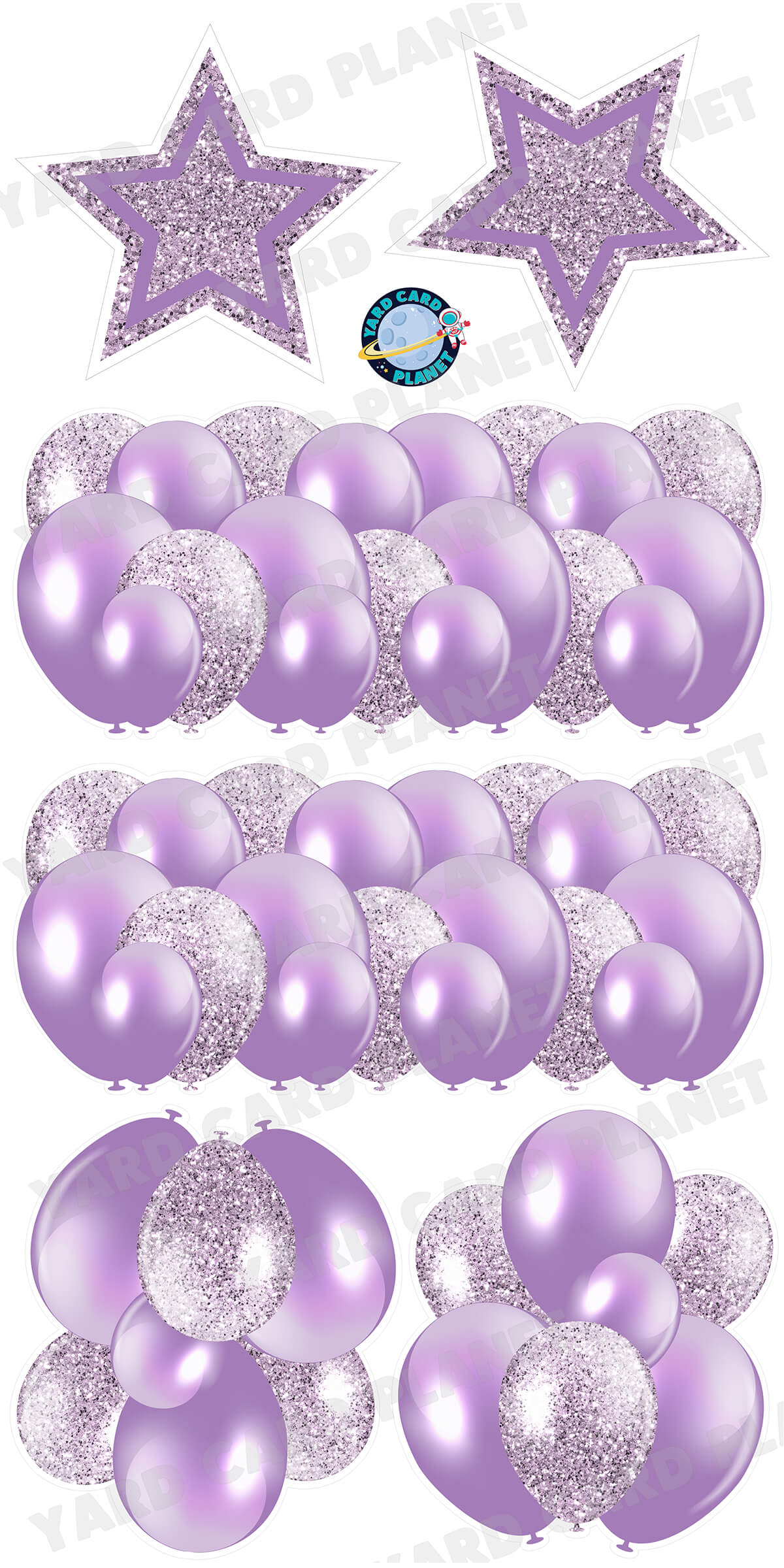 Light Purple Solid and Glitter Pattern Balloon Panels, Bouquets and Large Stars Yard Card Set