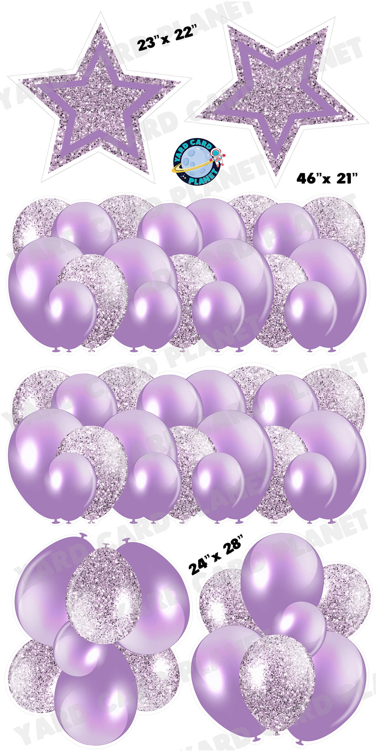 Light Purple Solid and Glitter Pattern Balloon Panels, Bouquets and Large Stars Yard Card Set