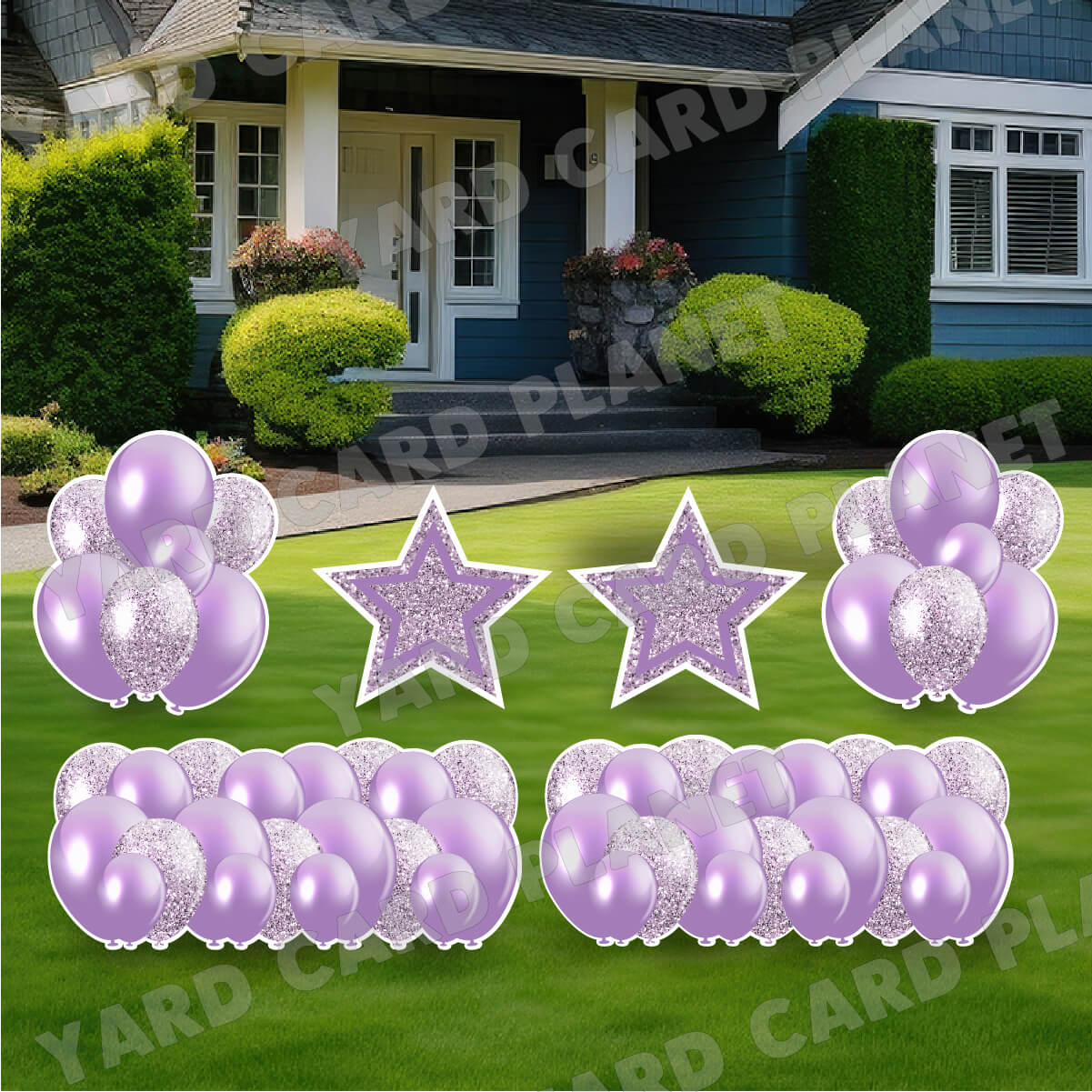 Light Purple Solid and Glitter Pattern Balloon Panels, Bouquets and Large Stars Yard Card Set
