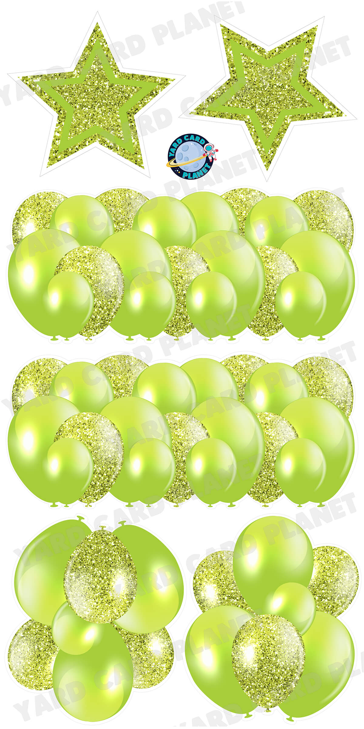 Lime Green Solid and Glitter Pattern Balloon Panels, Bouquets and Large Stars Yard Card Set