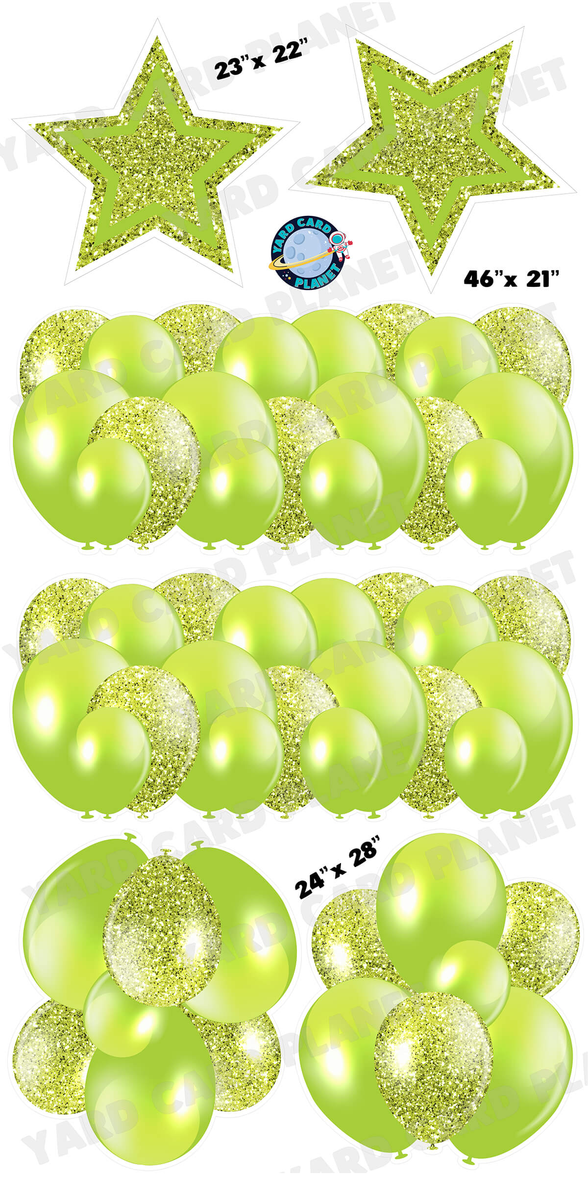 Lime Green Solid and Glitter Pattern Balloon Panels, Bouquets and Large Stars Yard Card Set
