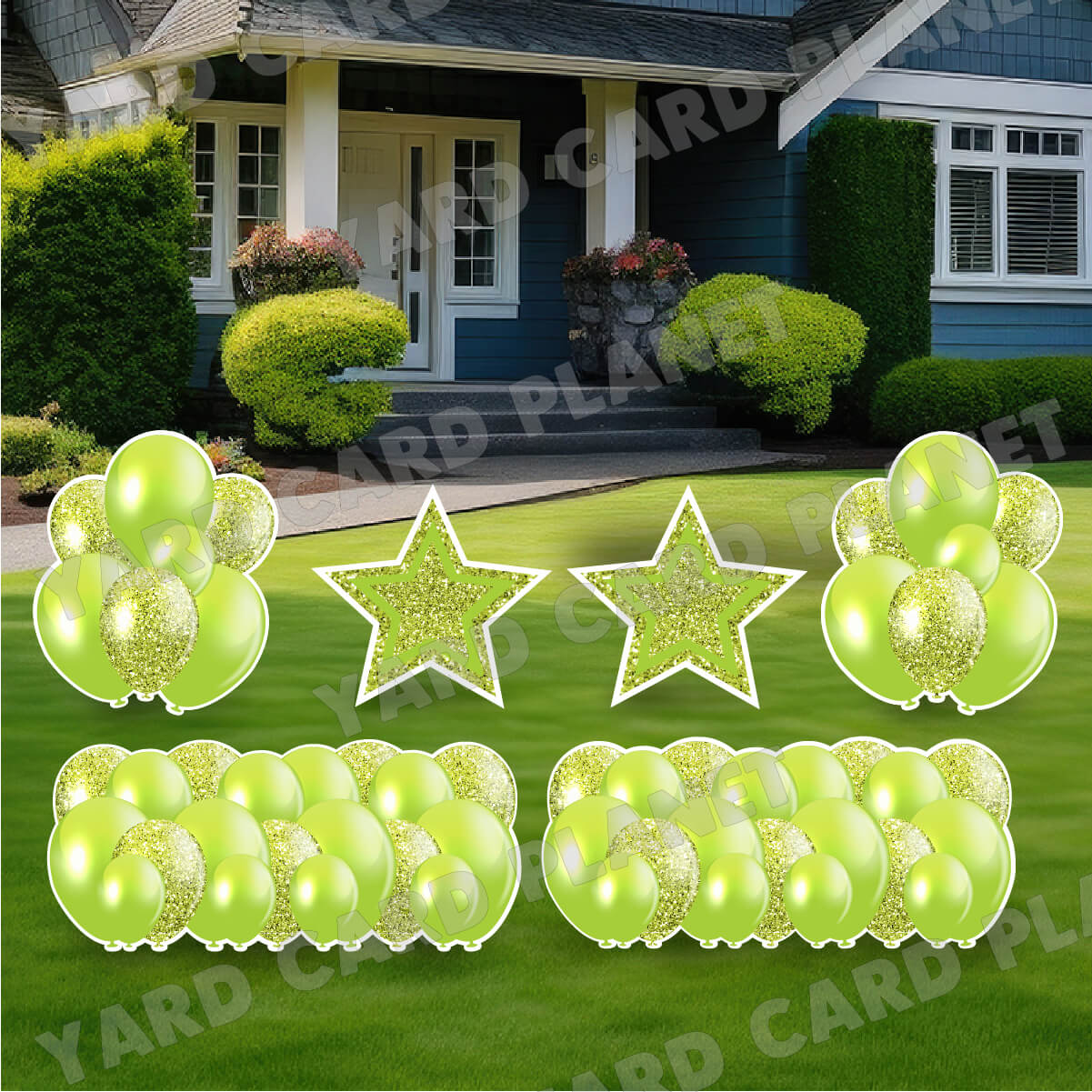 Lime Green Solid and Glitter Pattern Balloon Panels, Bouquets and Large Stars Yard Card Set