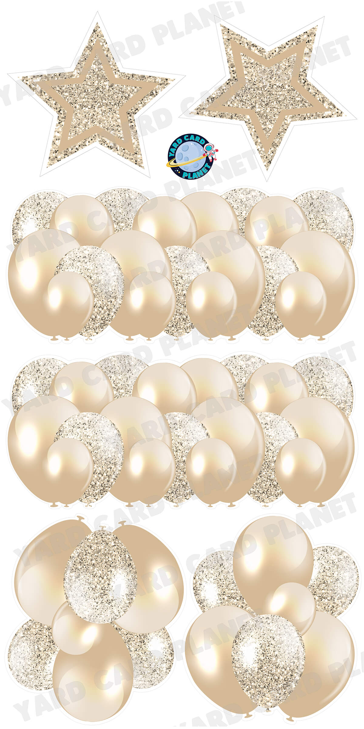 Tan Solid and Glitter Pattern Balloon Panels, Bouquets and Large Stars Yard Card Set