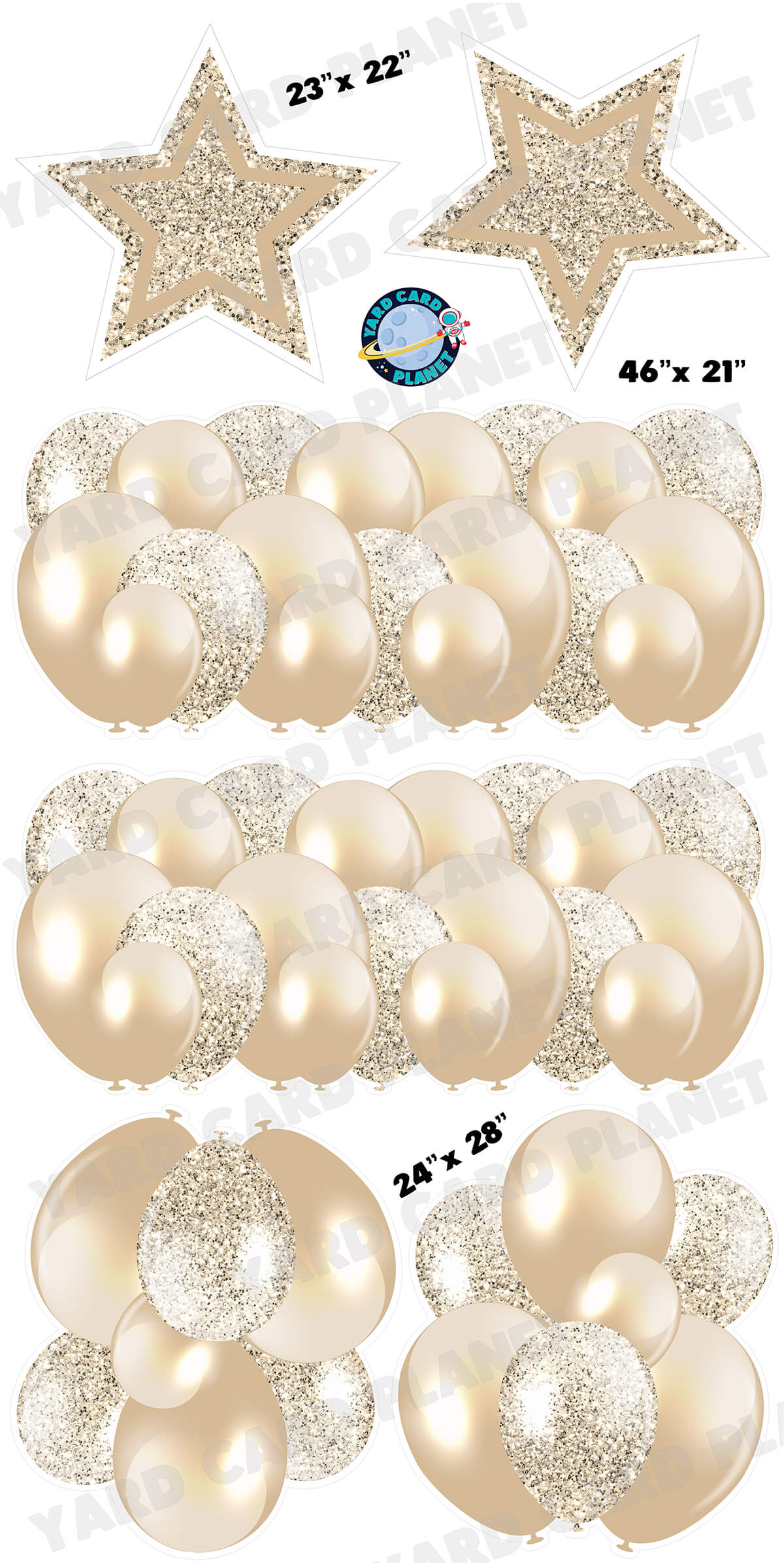 Tan Solid and Glitter Pattern Balloon Panels, Bouquets and Large Stars Yard Card Set