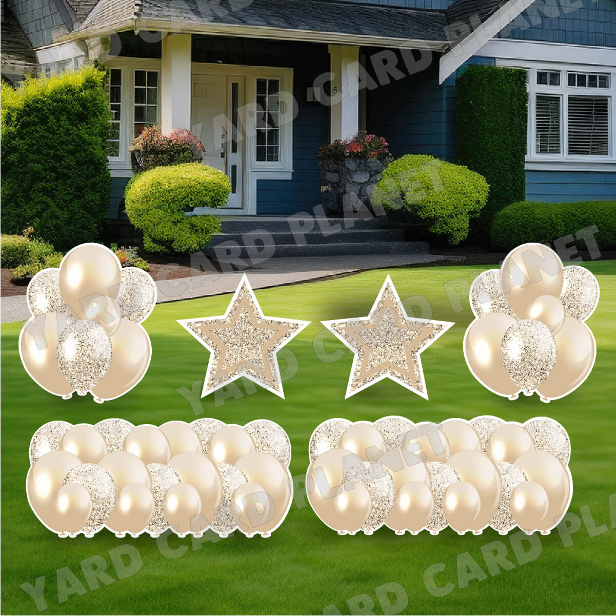 Tan Solid and Glitter Pattern Balloon Panels, Bouquets and Large Stars Yard Card Set