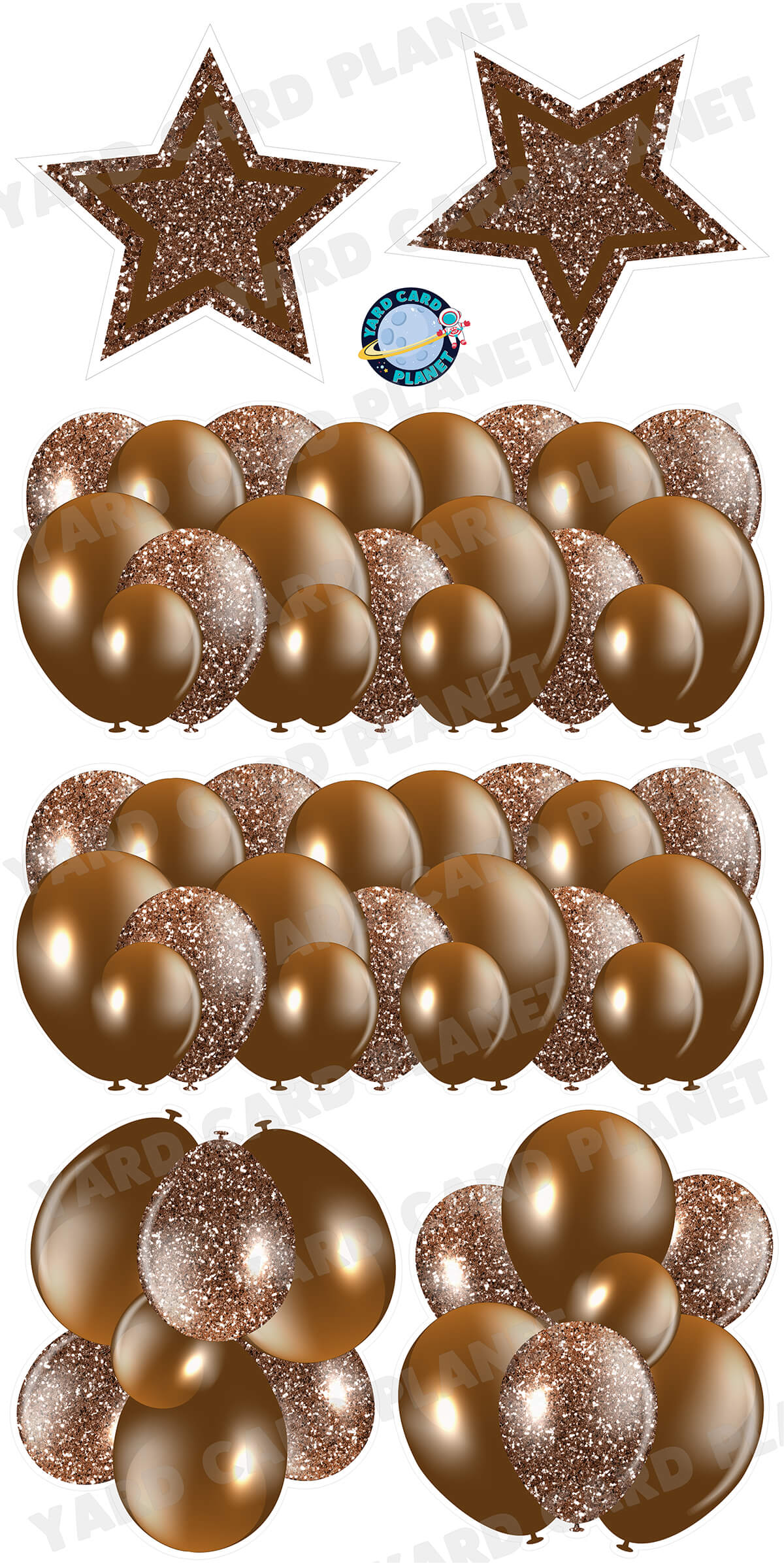 Brown Solid and Glitter Pattern Balloon Panels, Bouquets and Large Stars Yard Card Set