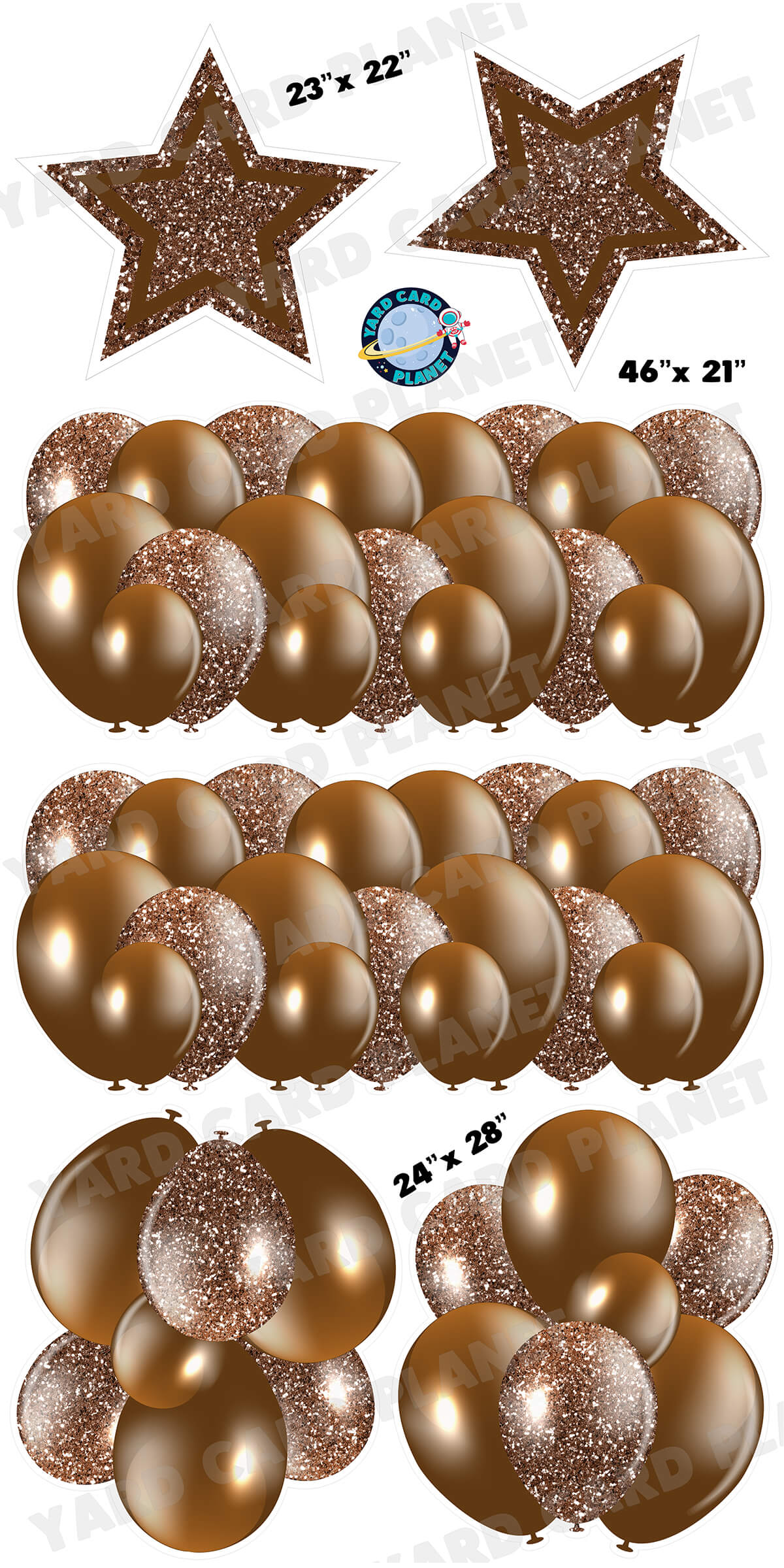 Brown Solid and Glitter Pattern Balloon Panels, Bouquets and Large Stars Yard Card Set