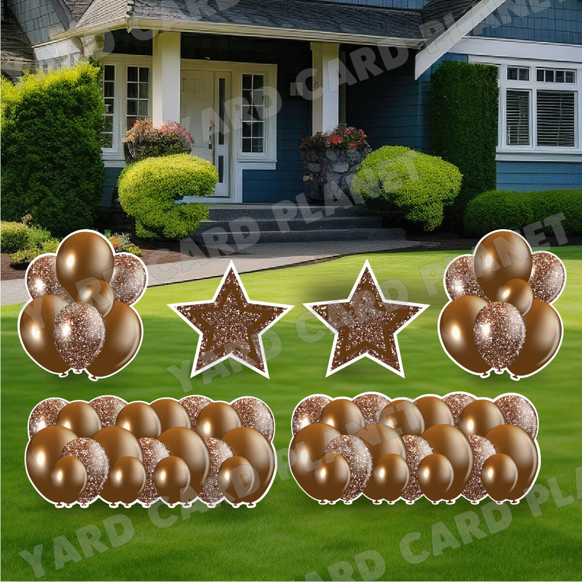 Brown Solid and Glitter Pattern Balloon Panels, Bouquets and Large Stars Yard Card Set