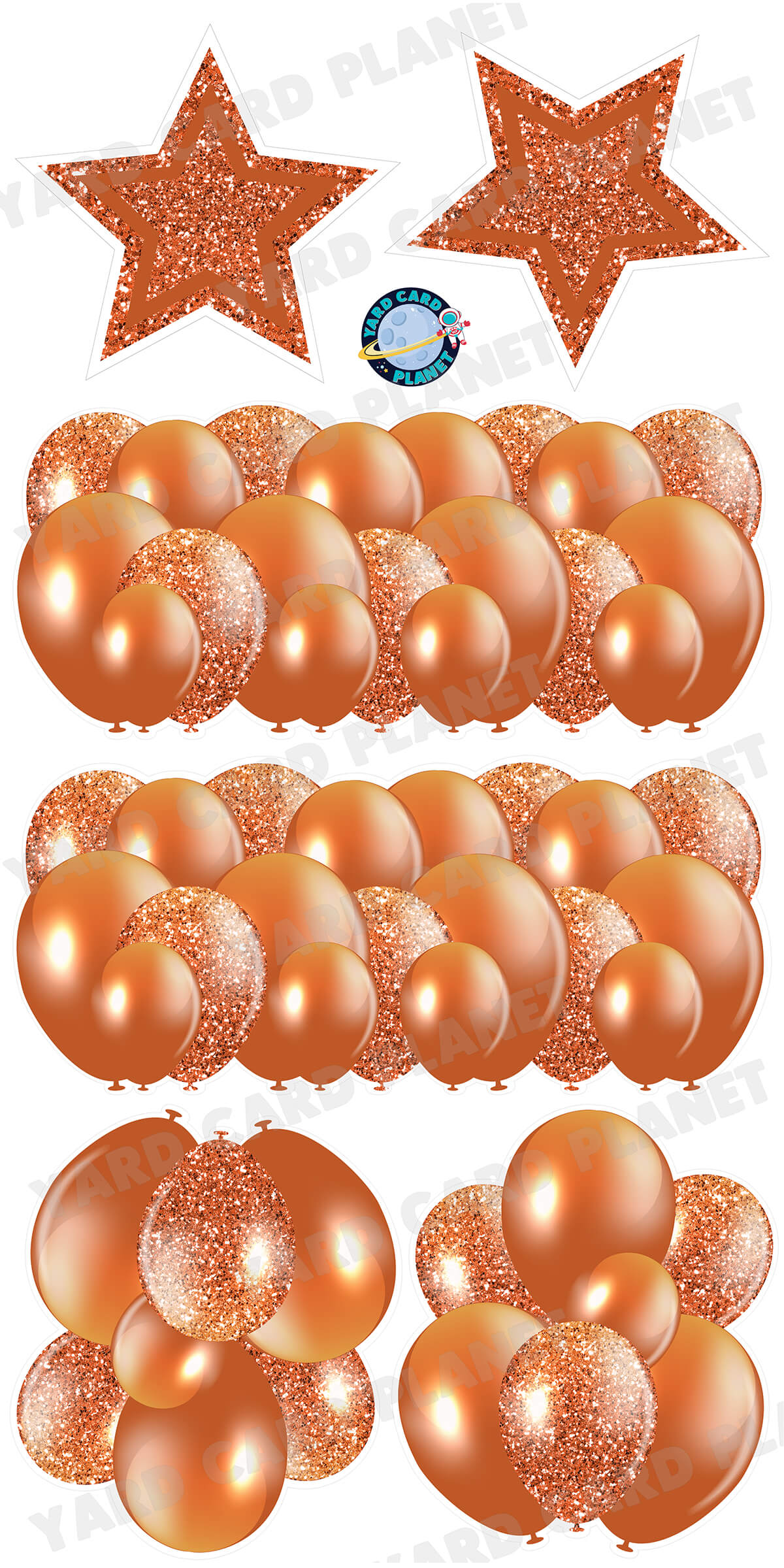 Burnt Orange Solid and Glitter Pattern Balloon Panels, Bouquets and Large Stars Yard Card Set