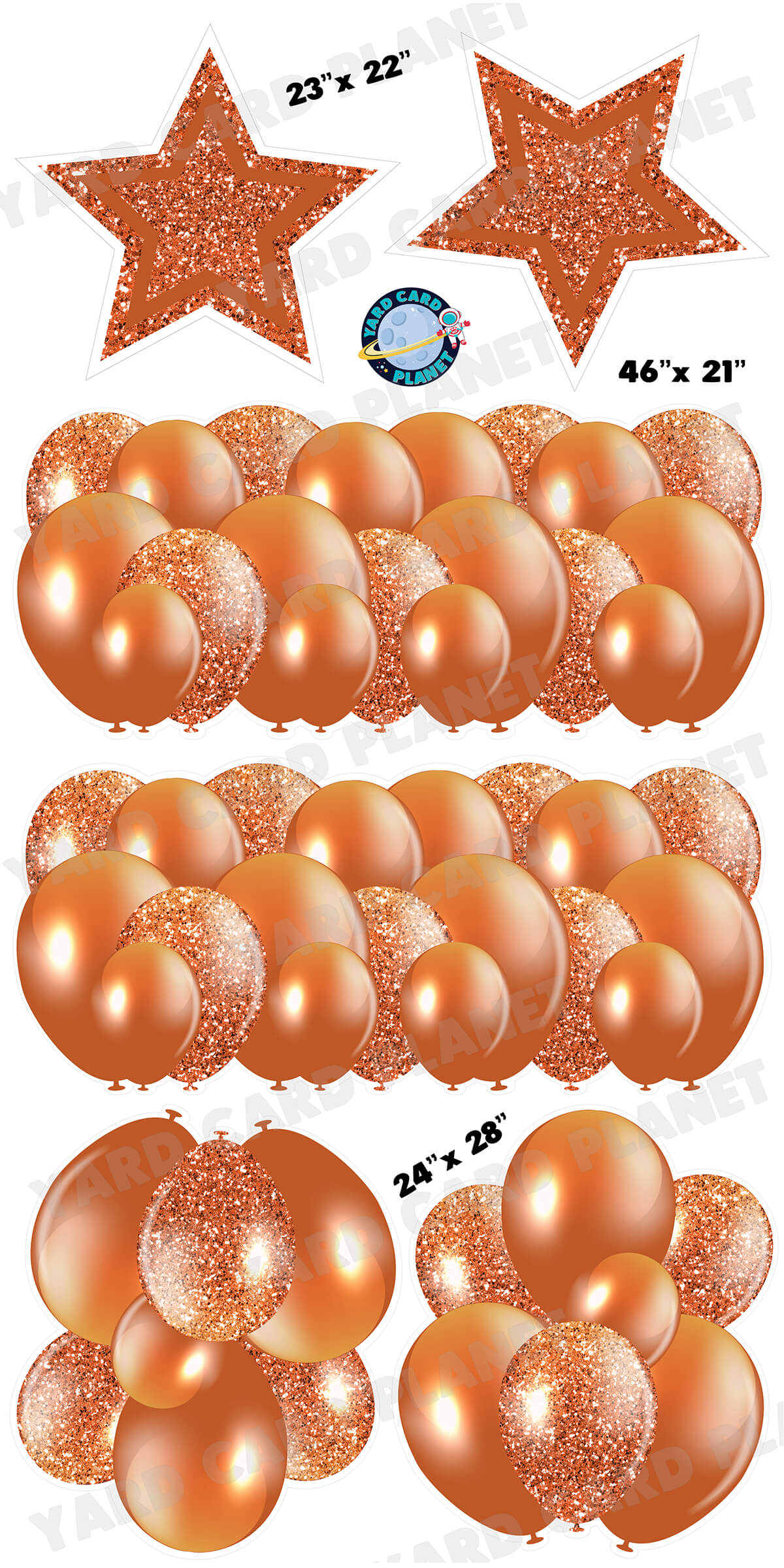 Burnt Orange Solid and Glitter Pattern Balloon Panels, Bouquets and Large Stars Yard Card Set