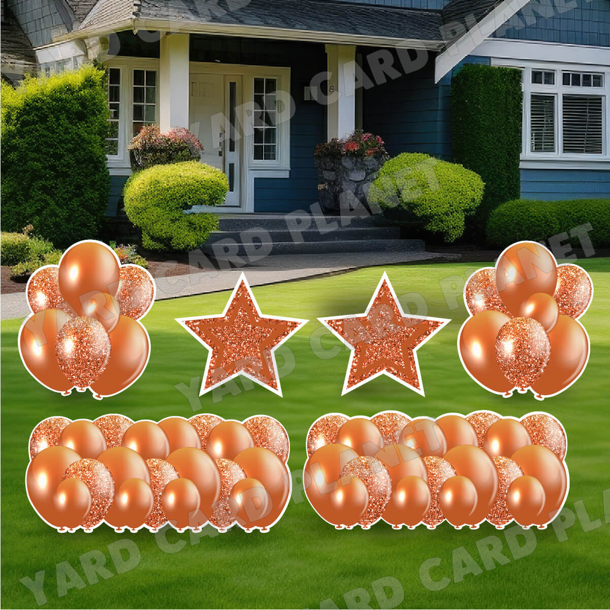 Burnt Orange Solid and Glitter Pattern Balloon Panels, Bouquets and Large Stars Yard Card Set