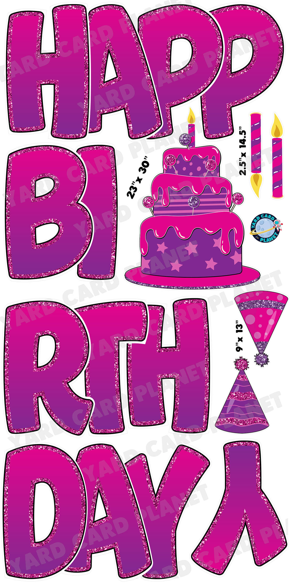 Large 23" Purple and Pink Happy Birthday Yard Card EZ Quick Sets in Bouncy Bold Font and Birthday Flair