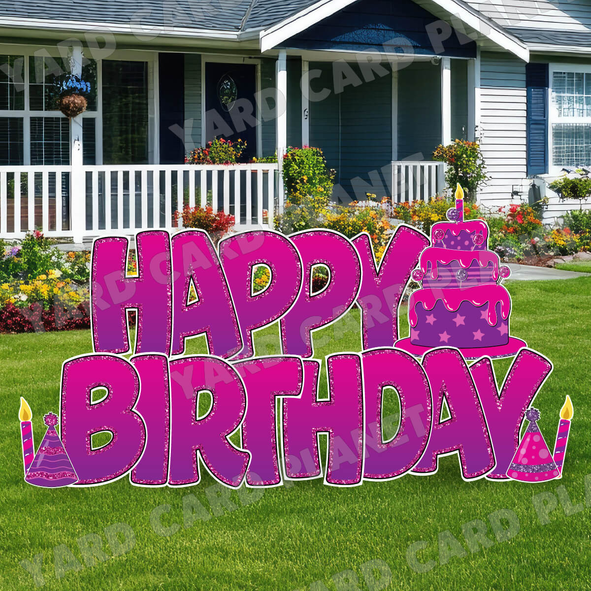 Large 23" Purple and Pink Happy Birthday Yard Card EZ Quick Sets in Bouncy Bold Font and Birthday Flair