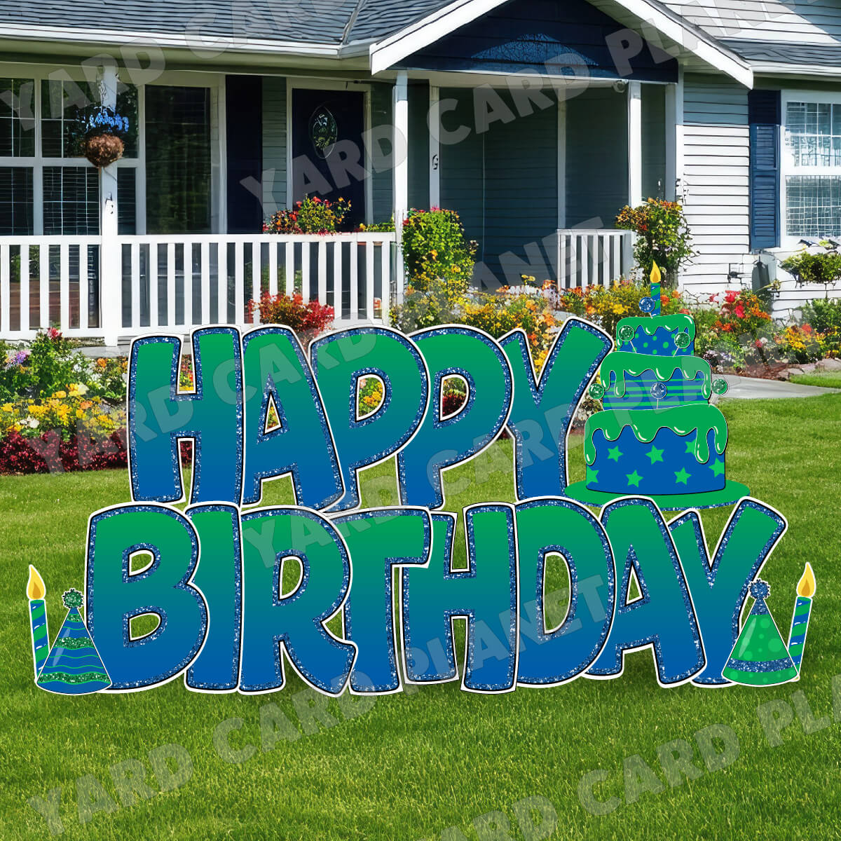 Large 23" Green and Blue Happy Birthday Yard Card EZ Quick Sets in Bouncy Bold Font and Birthday Flair