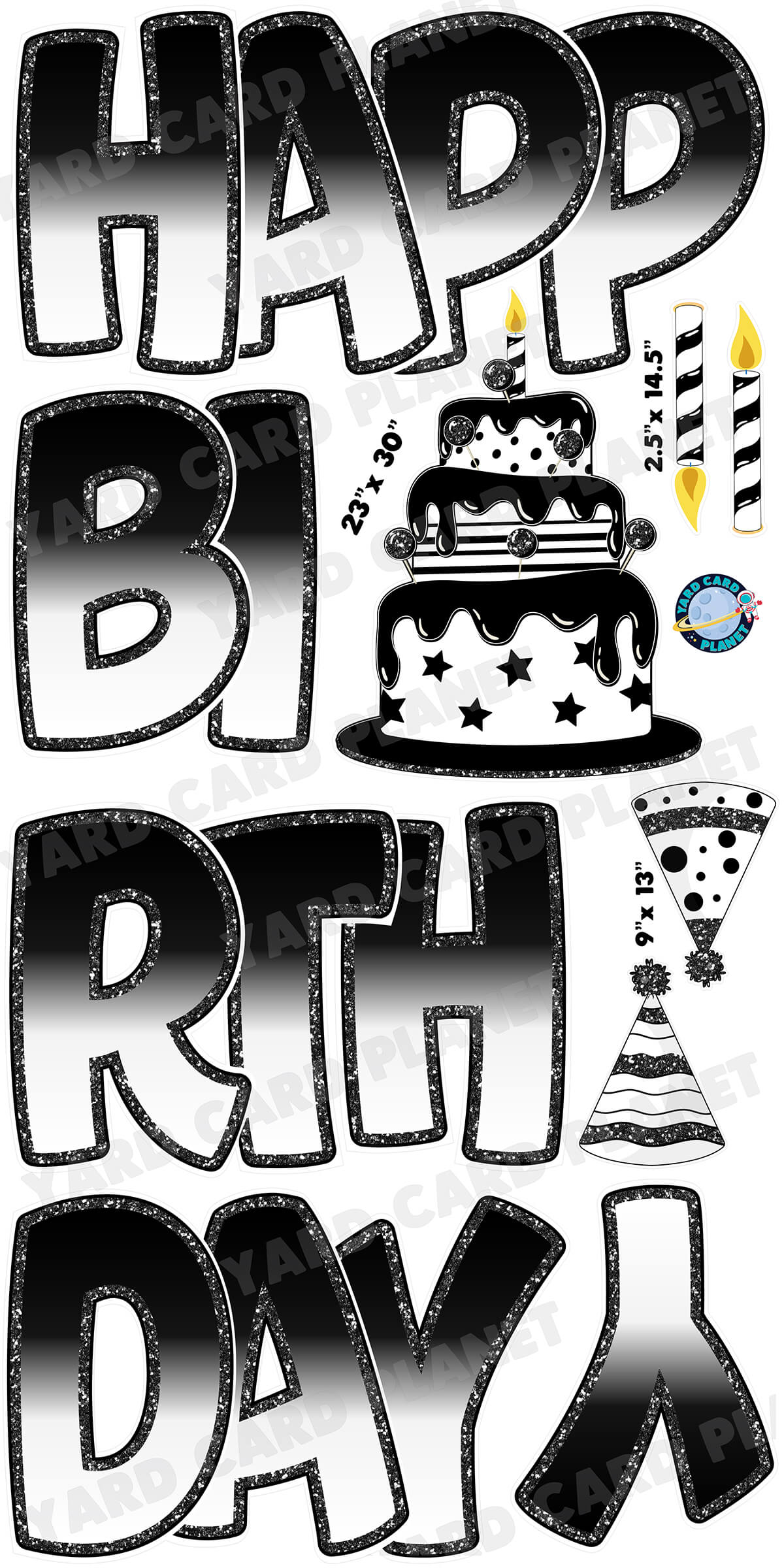 Large 23" Black and White Happy Birthday Yard Card EZ Quick Sets in Bouncy Bold Font and Birthday Flair