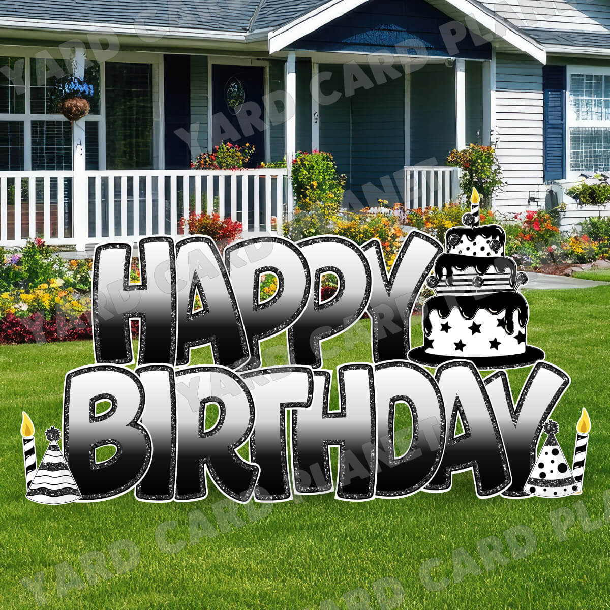 Large 23" Black and White Happy Birthday Yard Card EZ Quick Sets in Bouncy Bold Font and Birthday Flair