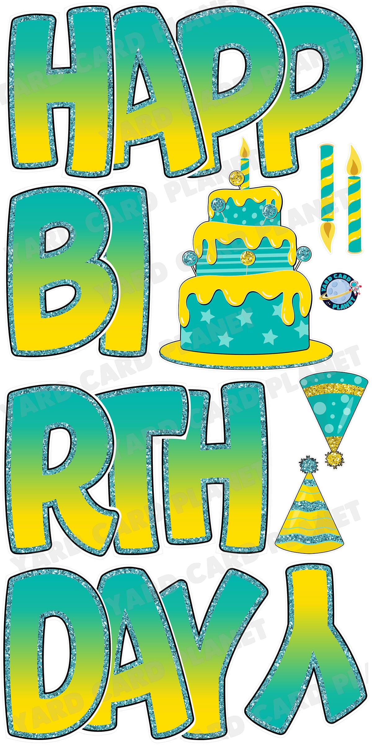 Large 23" Teal and Yellow Happy Birthday Yard Card EZ Quick Sets in Bouncy Bold Font and Birthday Flair
