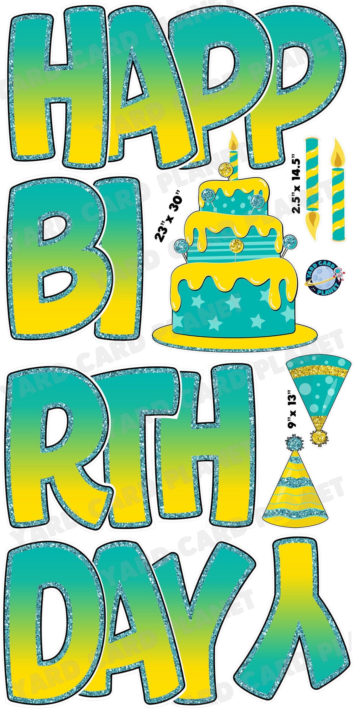 Large 23" Teal and Yellow Happy Birthday Yard Card EZ Quick Sets in Bouncy Bold Font and Birthday Flair