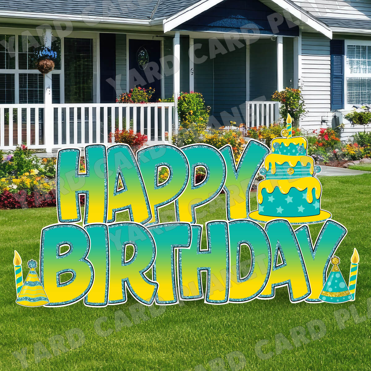 Large 23" Teal and Yellow Happy Birthday Yard Card EZ Quick Sets in Bouncy Bold Font and Birthday Flair