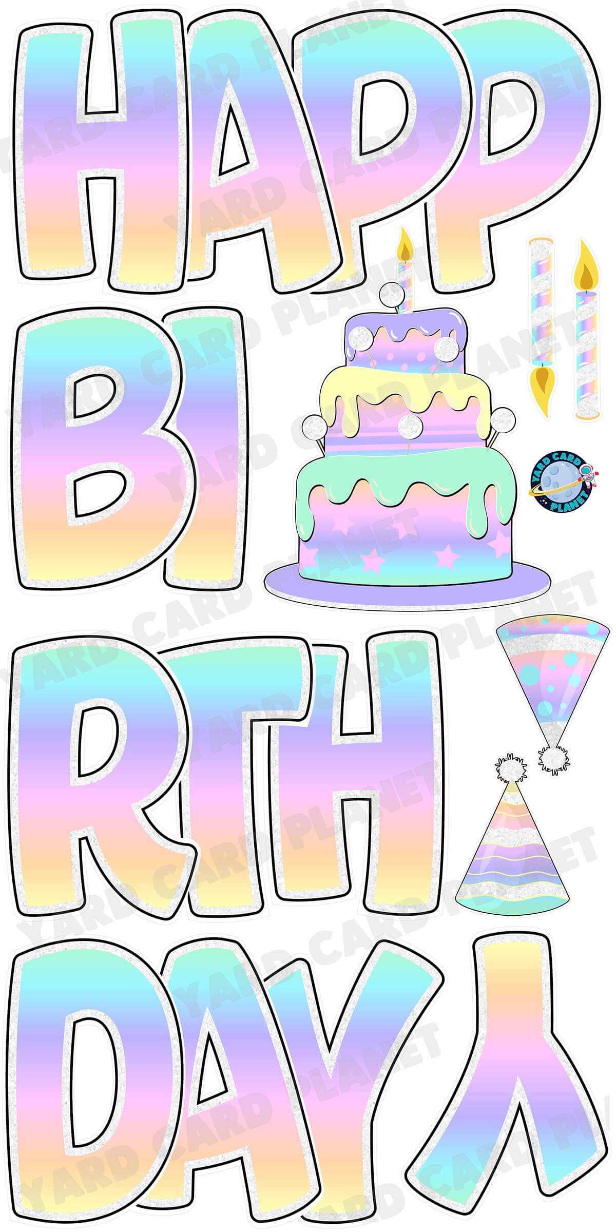 Large 23" Pastel Rainbow Happy Birthday Yard Card EZ Quick Sets in Bouncy Bold Font and Birthday Flair