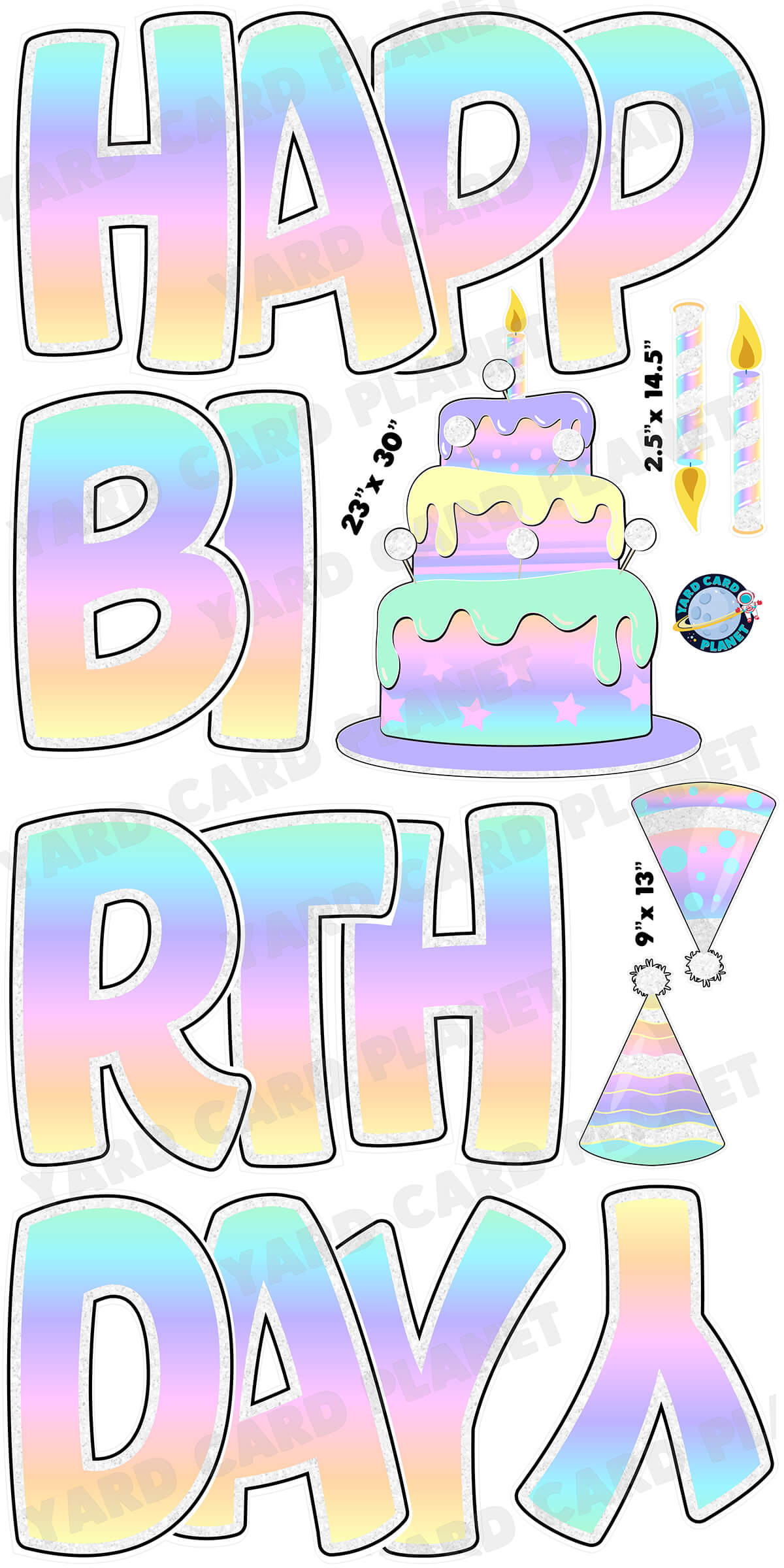 Large 23" Pastel Rainbow Happy Birthday Yard Card EZ Quick Sets in Bouncy Bold Font and Birthday Flair