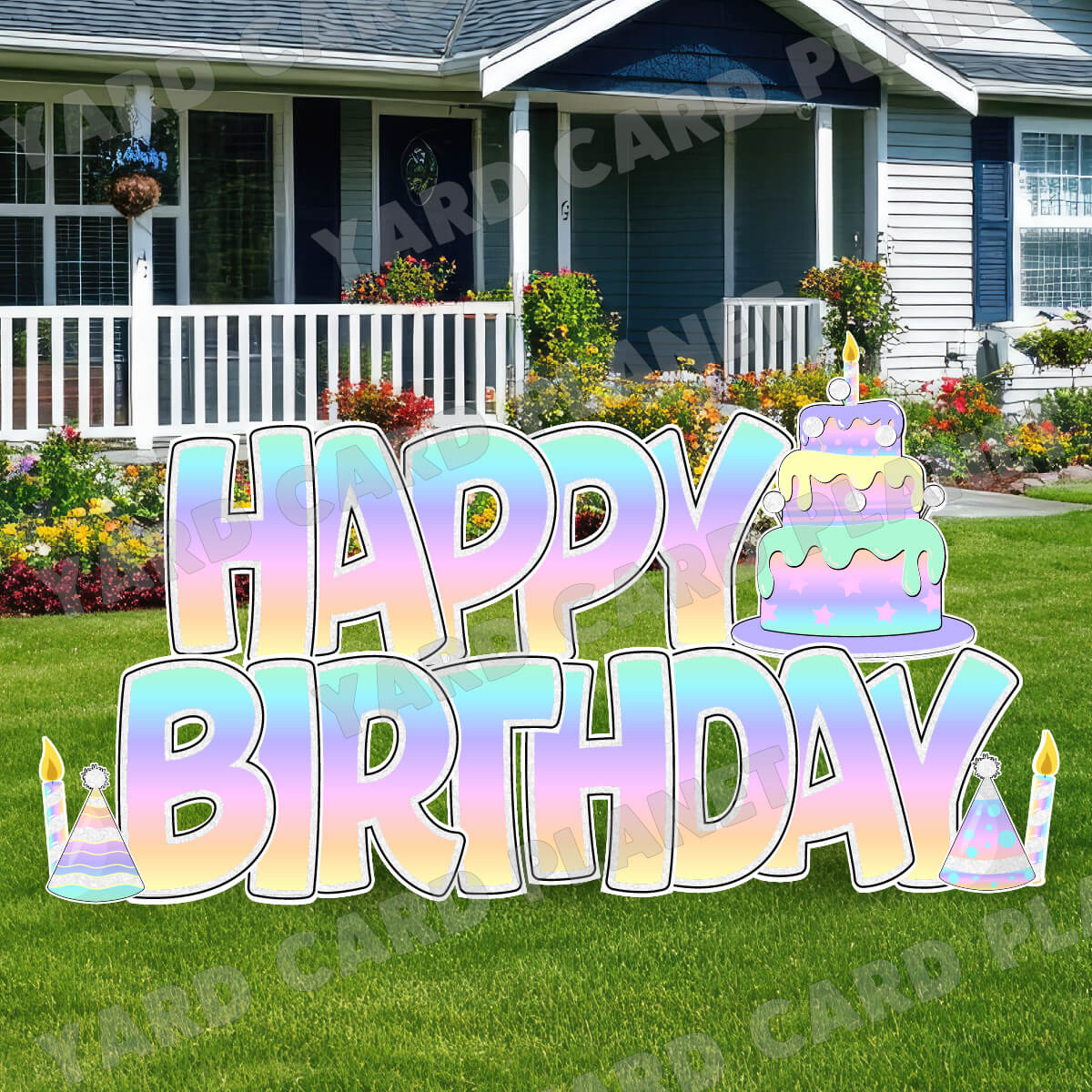 Large 23" Pastel Rainbow Happy Birthday Yard Card EZ Quick Sets in Bouncy Bold Font and Birthday Flair
