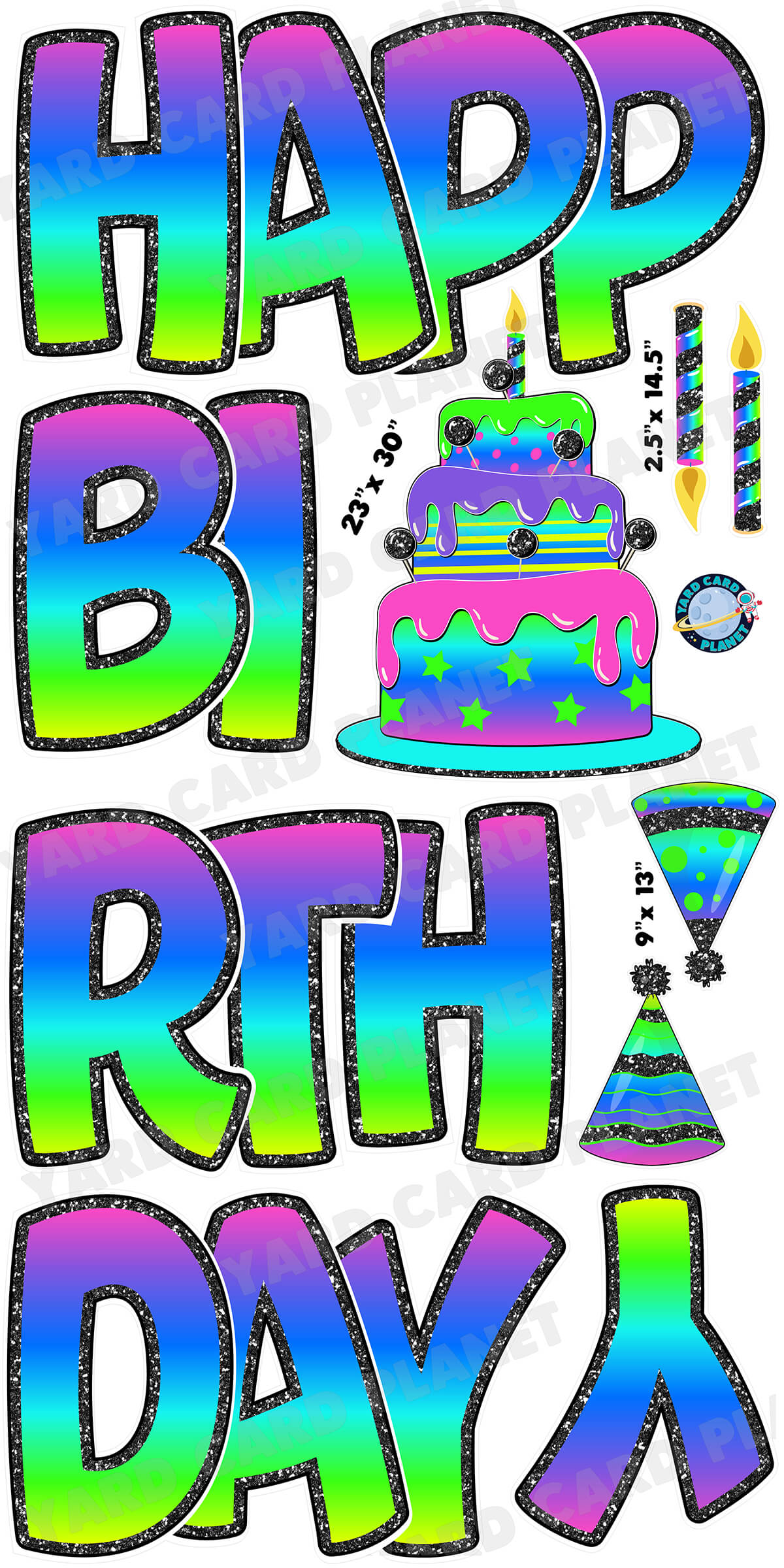 Large 23" Neon Rainbow Happy Birthday Yard Card EZ Quick Sets in Bouncy Bold Font and Birthday Flair