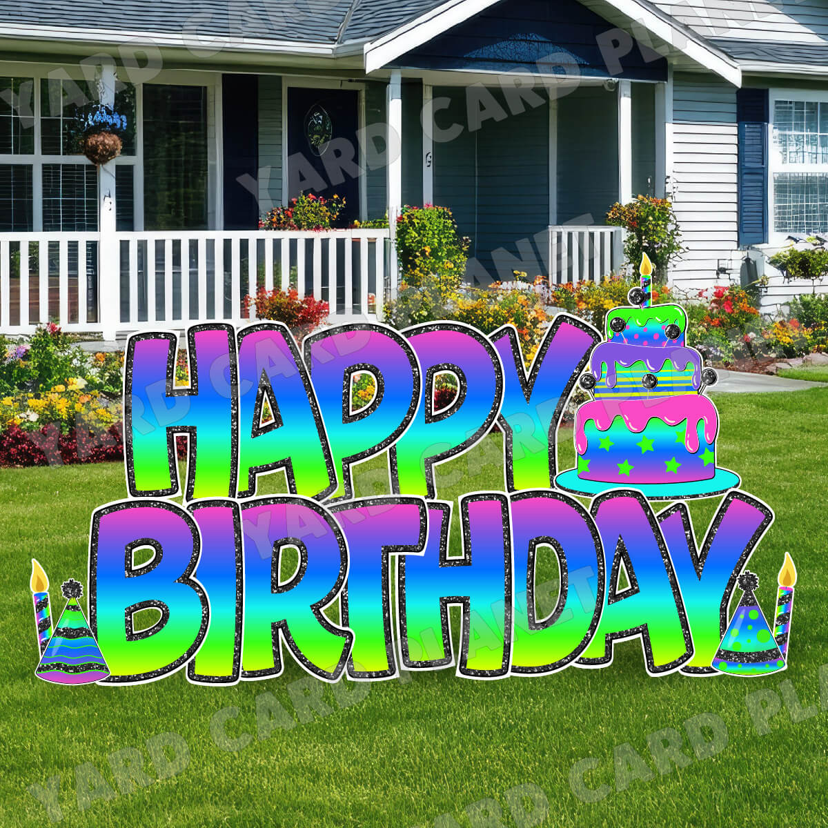 Large 23" Neon Rainbow Happy Birthday Yard Card EZ Quick Sets in Bouncy Bold Font and Birthday Flair