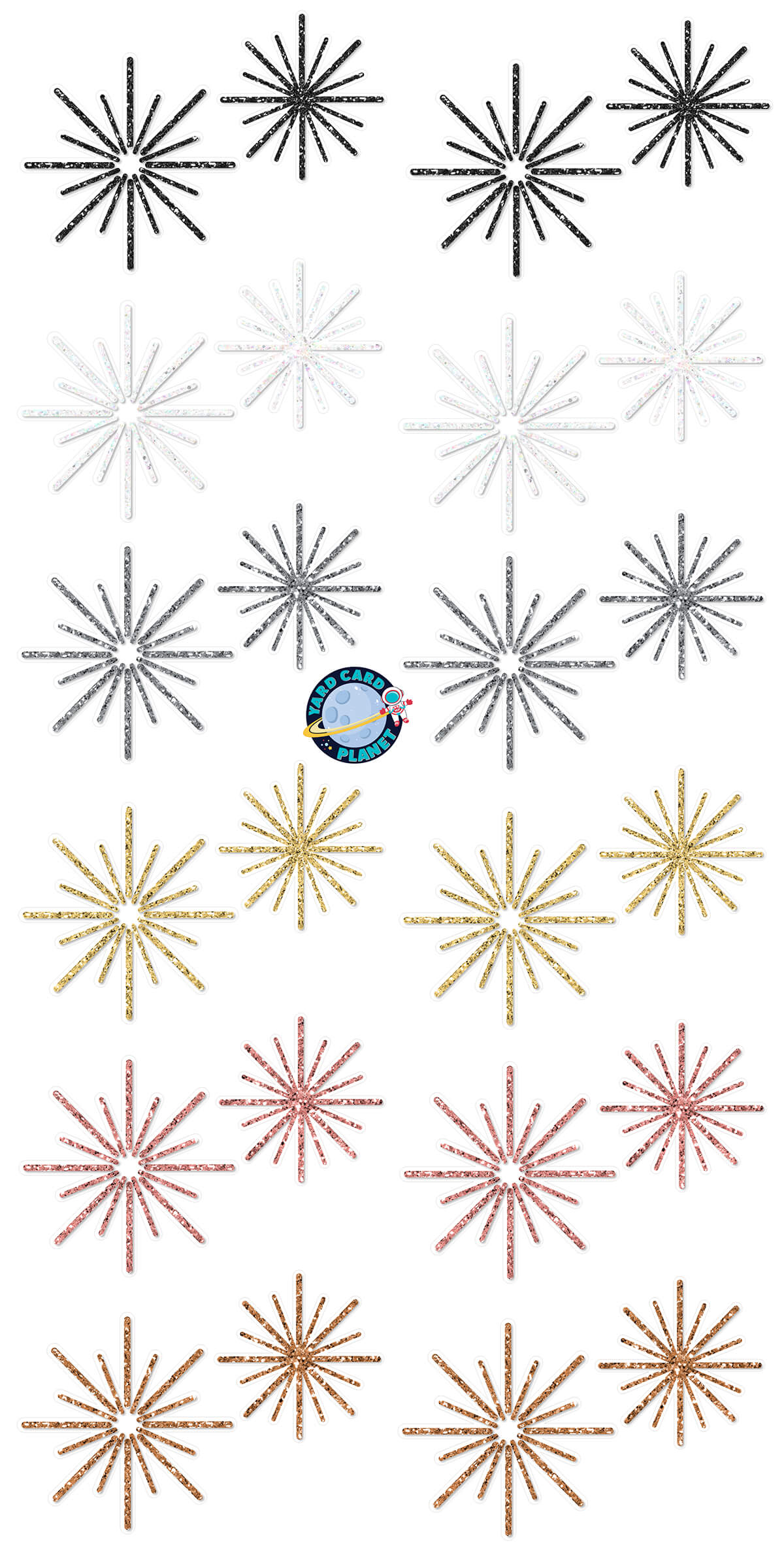 Metallic Colored Glitter Pattern Starbursts Yard Card Flair Set