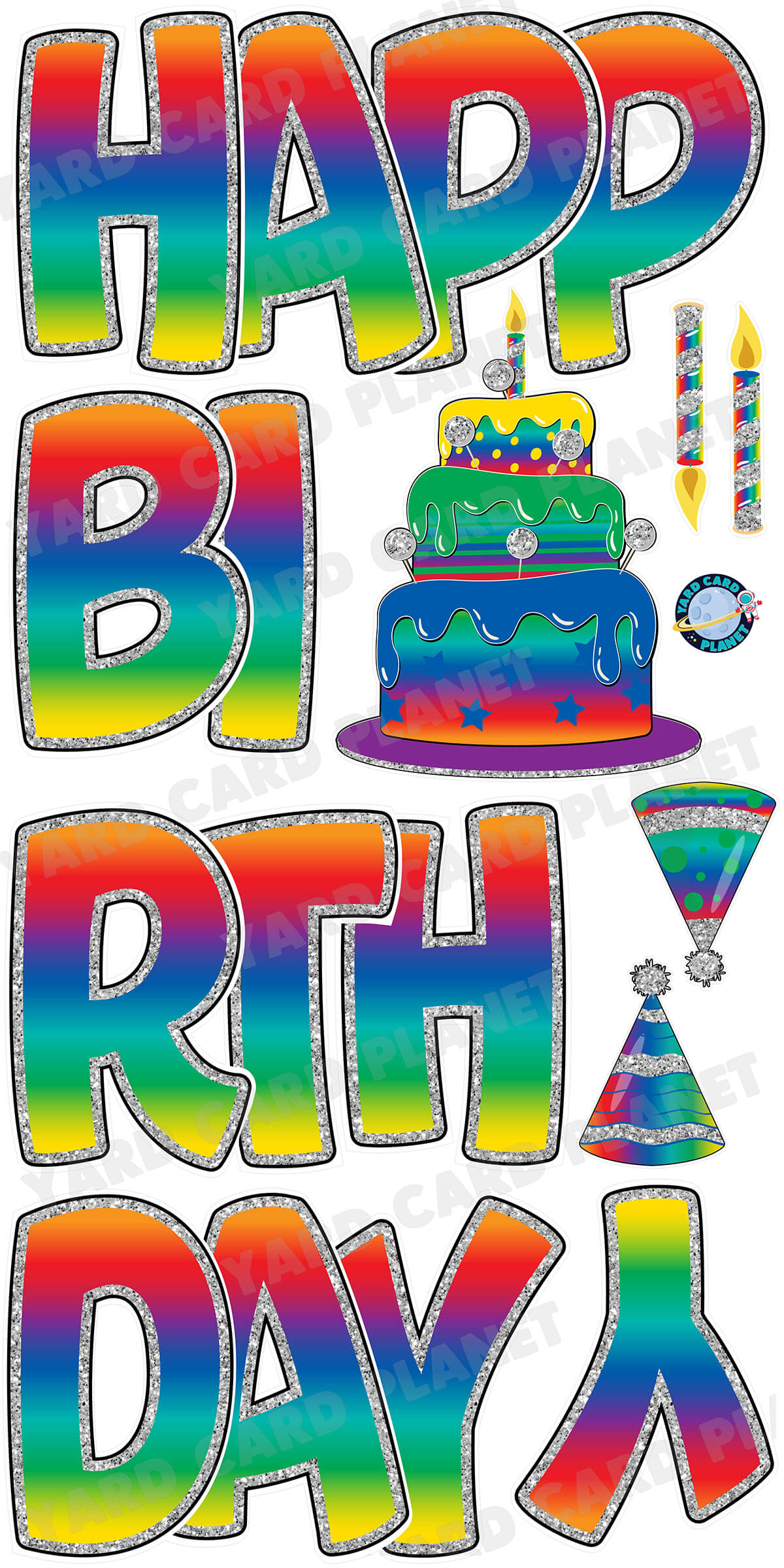 Large 23" Bright Rainbow Happy Birthday Yard Card EZ Quick Sets in Bouncy Bold Font and Birthday Flair
