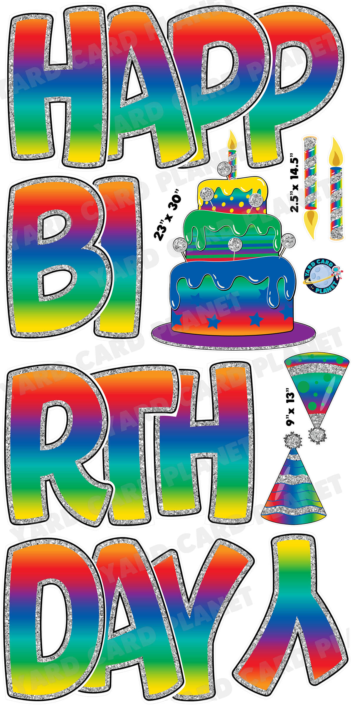 Large 23" Bright Rainbow Happy Birthday Yard Card EZ Quick Sets in Bouncy Bold Font and Birthday Flair