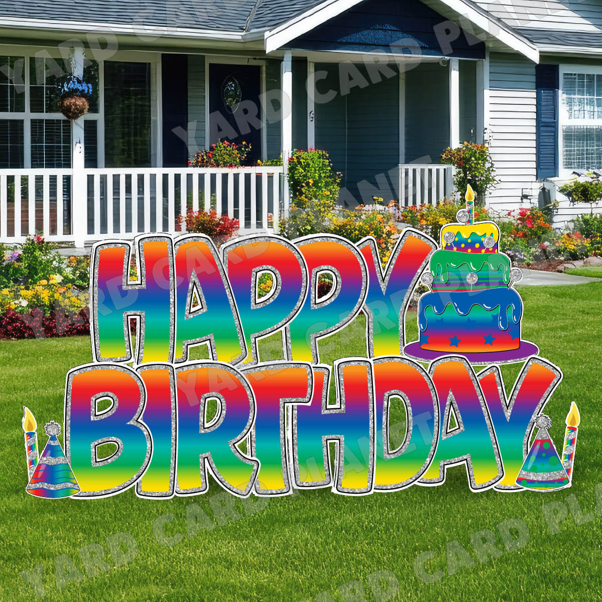 Large 23" Bright Rainbow Happy Birthday Yard Card EZ Quick Sets in Bouncy Bold Font and Birthday Flair