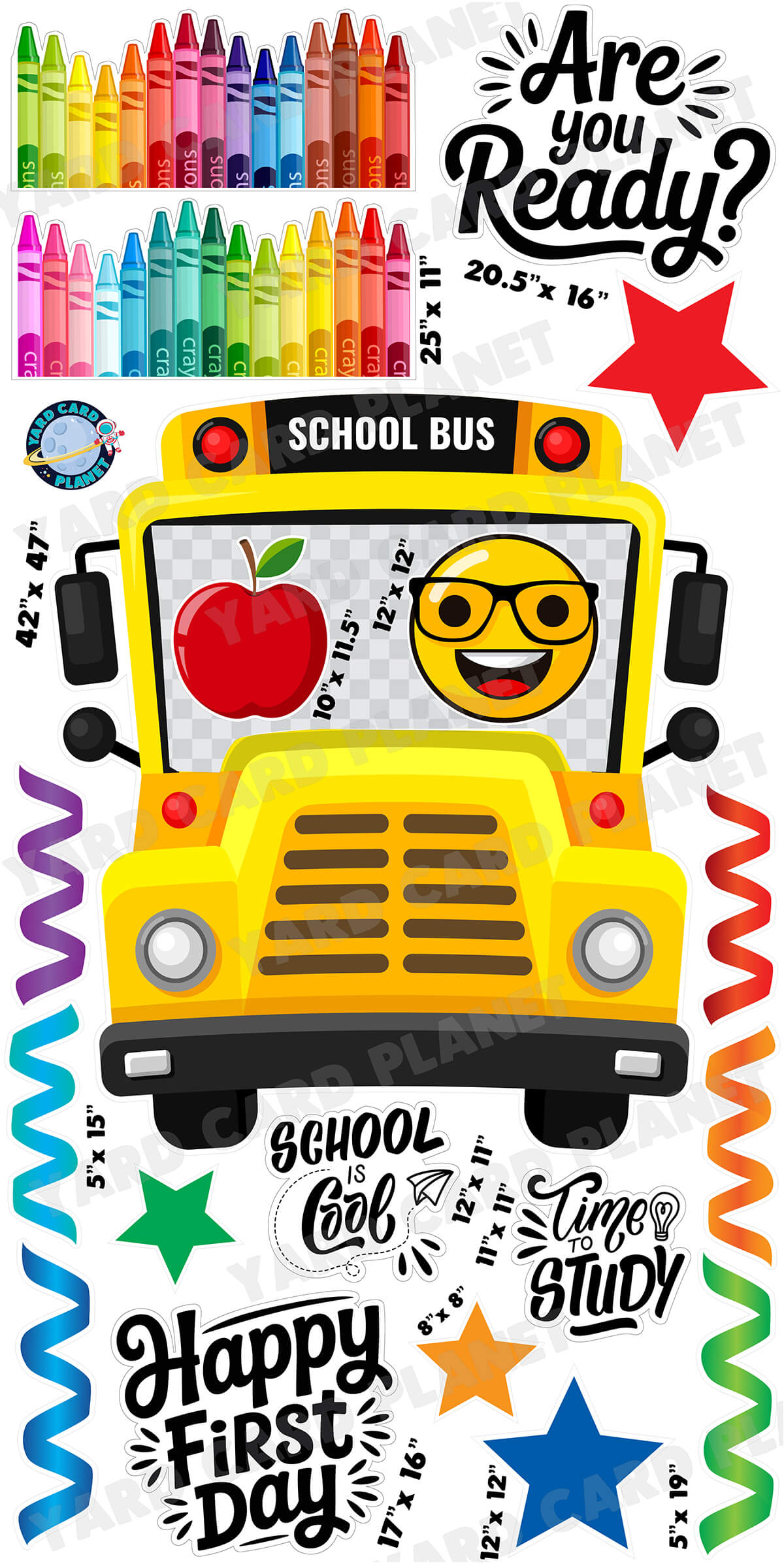 Extra Large School Bus EZ Quick Frame and Back to School Yard Card Flair Set