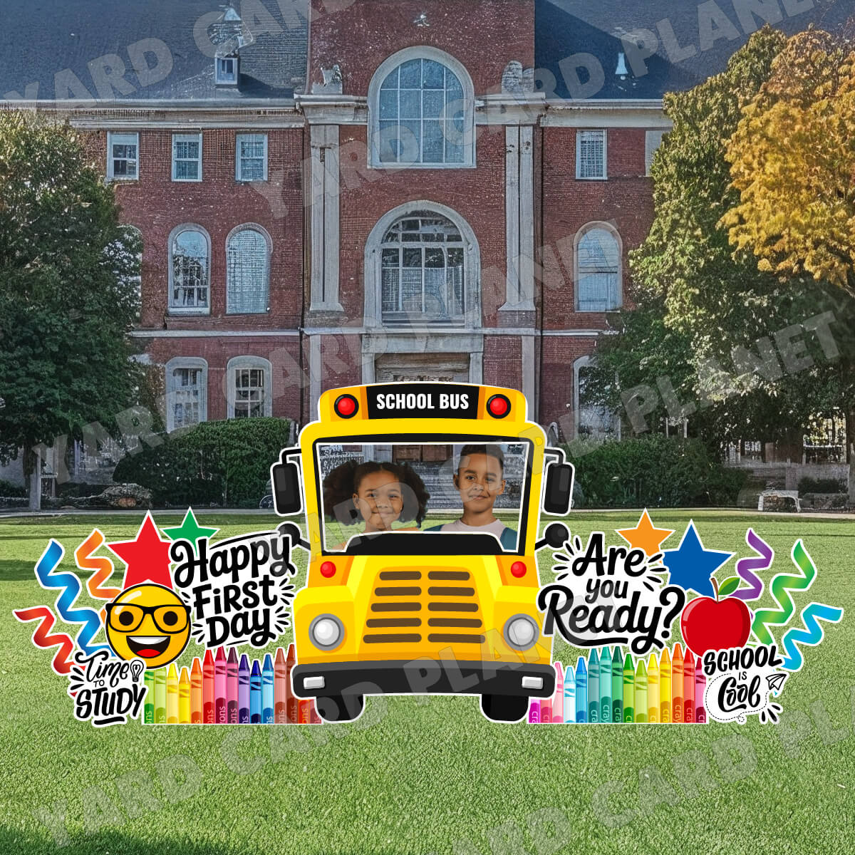 Extra Large School Bus EZ Quick Frame and Back to School Yard Card Flair Set