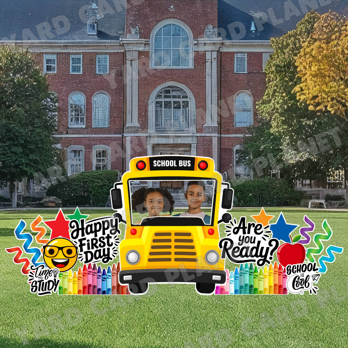 Extra Large School Bus EZ Quick Frame and Back to School Yard Card Flair Set