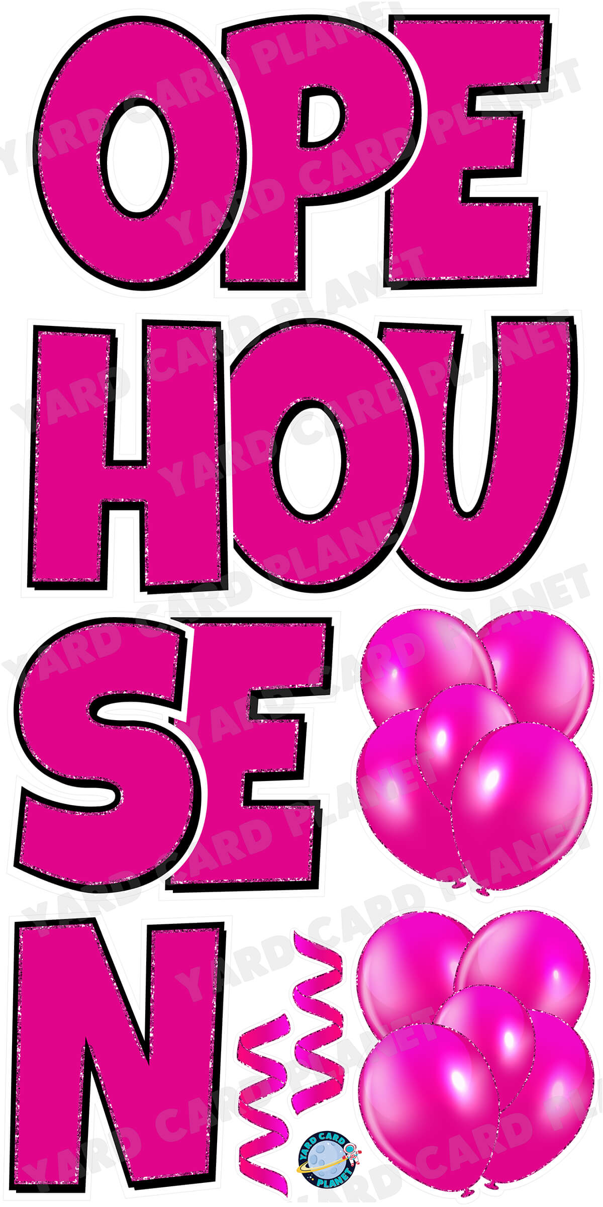 Large 23" Open House Yard Card EZ Quick Set in Luckiest Guy Font in Solid Colors with Glitter Trim - (Available in Multiple Colors)