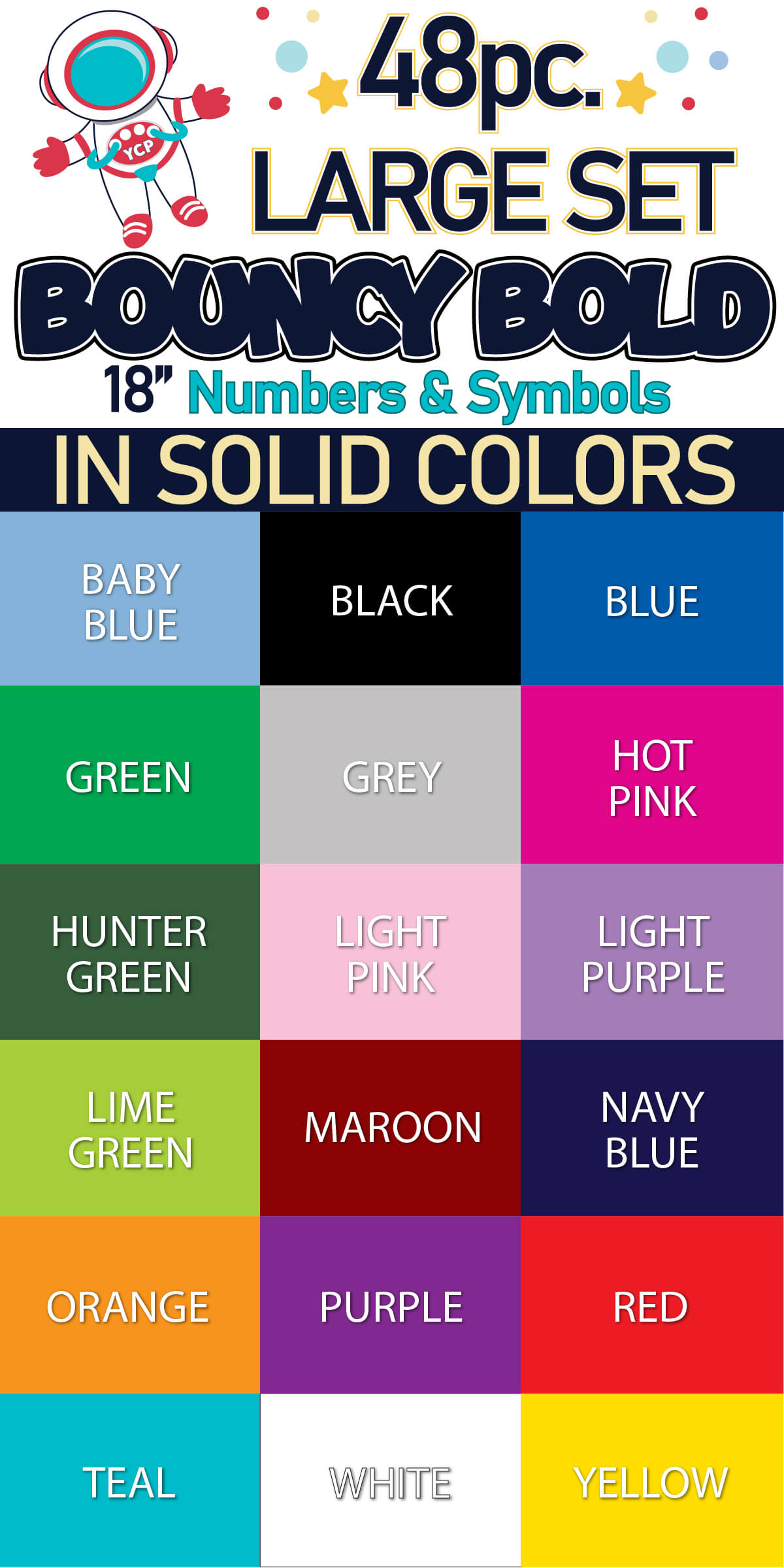 18" Bouncy Bold BB 48 pc. Numbers and Symbols Set in Solid Colors