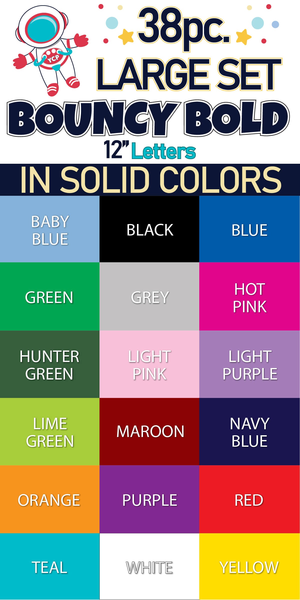 12" Bouncy Bold BB 38 pc. Letter Set in Solid Colors