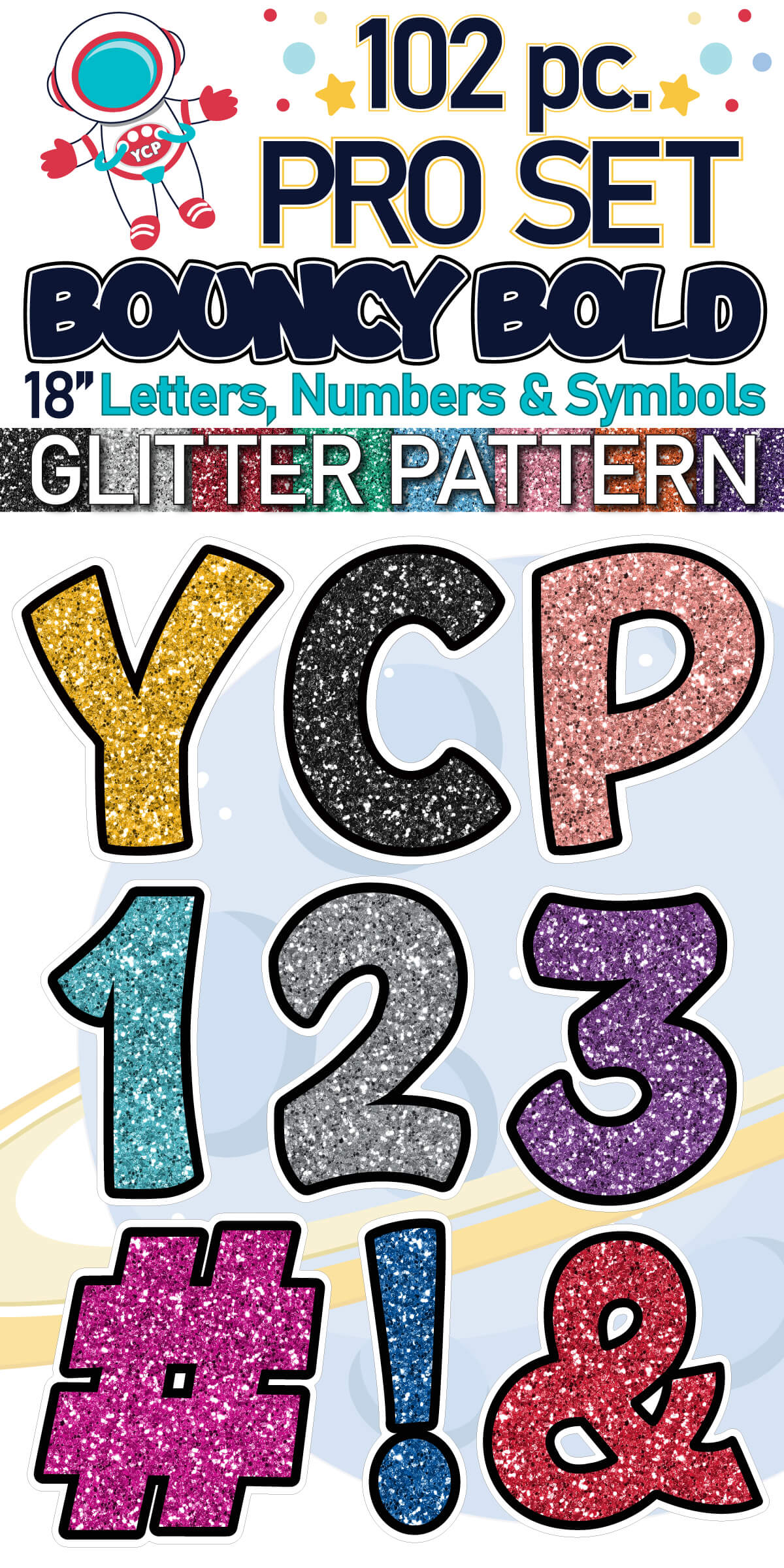 18" Bouncy Bold BB 102 pc. Pro Letters, Numbers and Symbols Set in Glitter Pattern