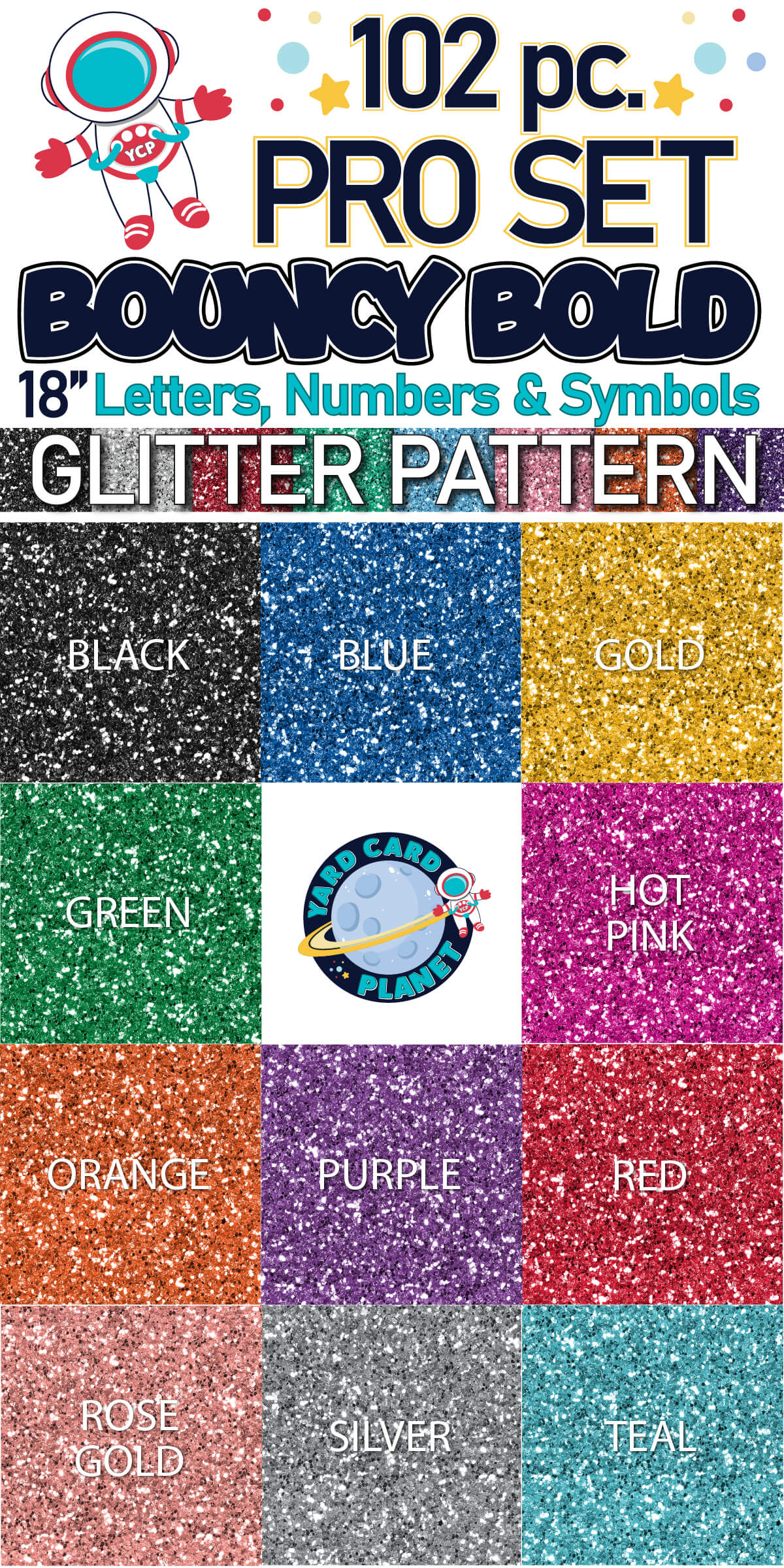 18" Bouncy Bold BB 102 pc. Pro Letters, Numbers and Symbols Set in Glitter Pattern