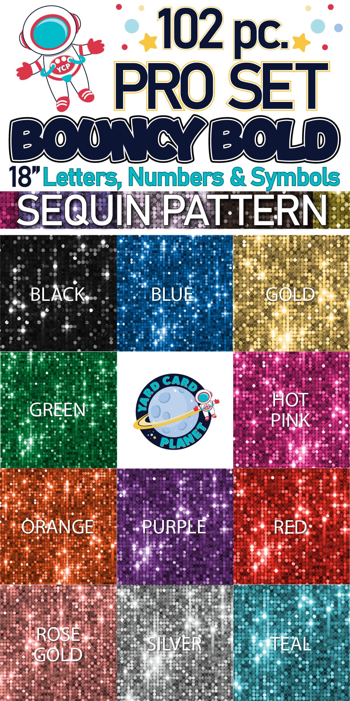 18" Bouncy Bold BB 102 pc. Pro Letters, Numbers and Symbols Set in Sequin Pattern