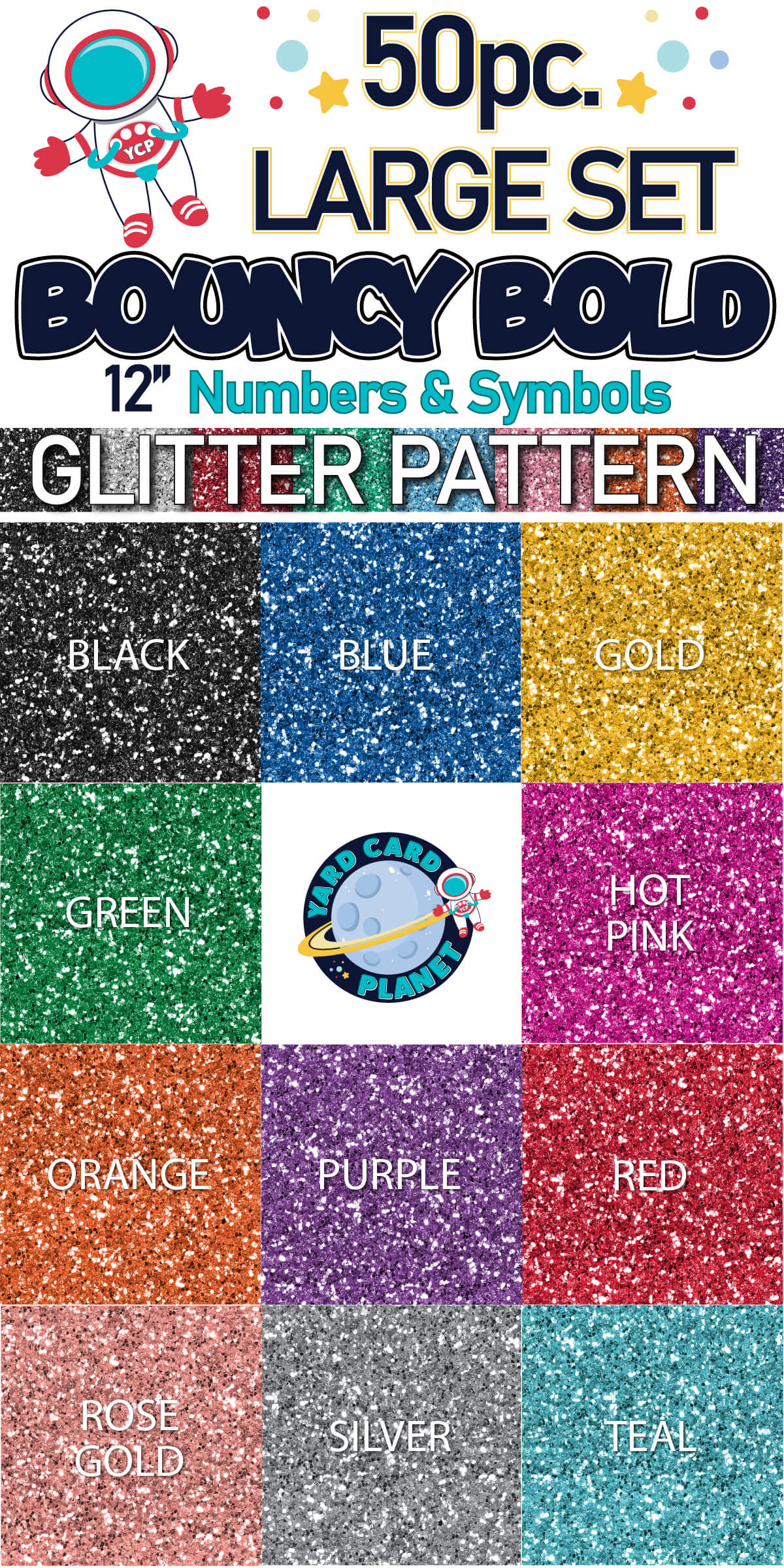 12" Bouncy Bold BB 50 pc. Numbers and Symbols Set in Glitter Pattern