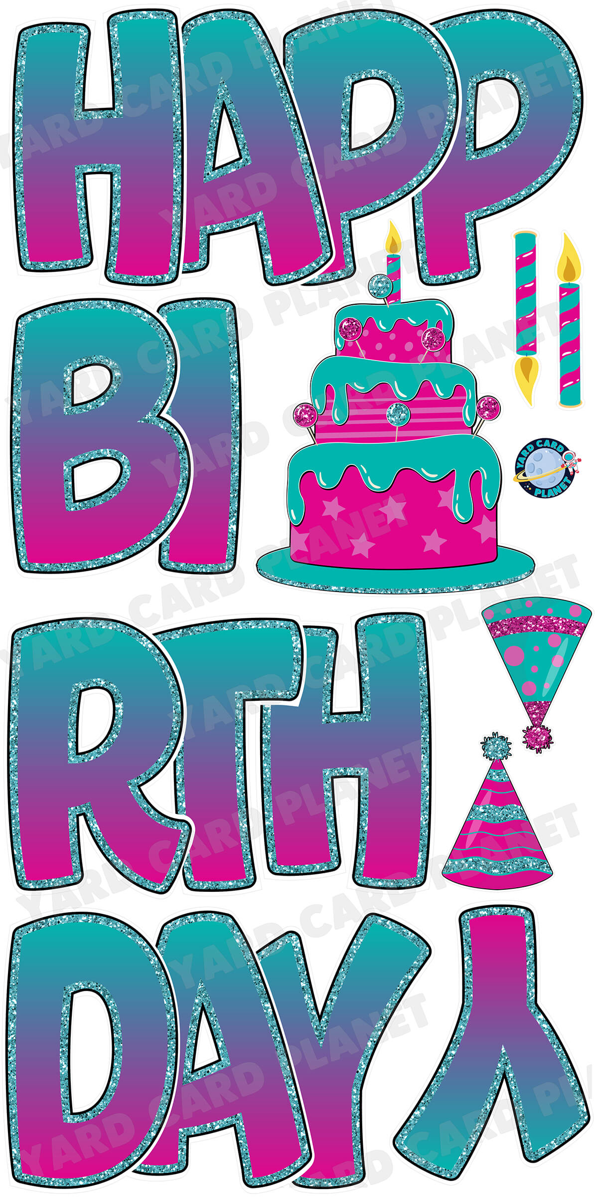 Large 23" Teal and Hot Pink Happy Birthday Yard Card EZ Quick Sets in Bouncy Bold Font and Birthday Flair