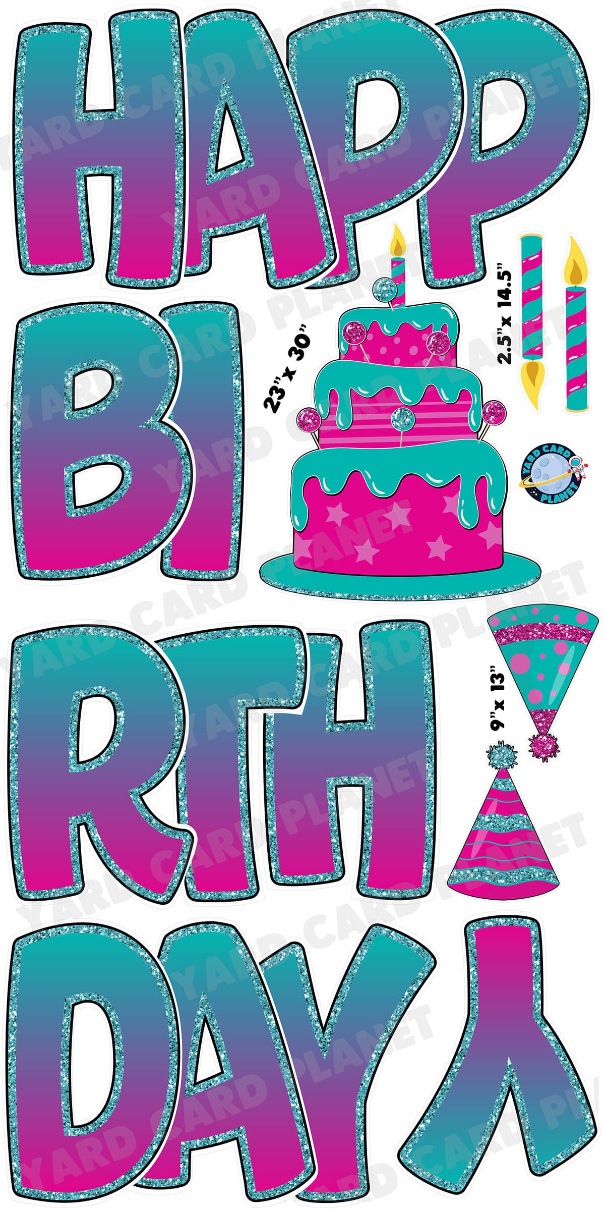 Large 23" Teal and Hot Pink Happy Birthday Yard Card EZ Quick Sets in Bouncy Bold Font and Birthday Flair