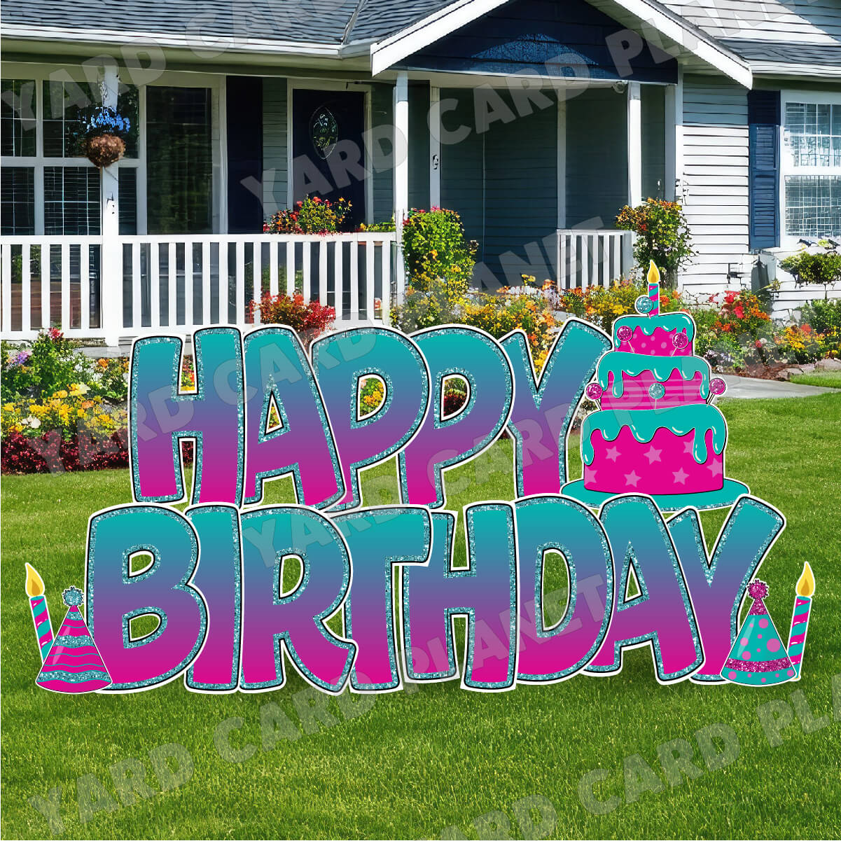 Large 23" Teal and Hot Pink Happy Birthday Yard Card EZ Quick Sets in Bouncy Bold Font and Birthday Flair