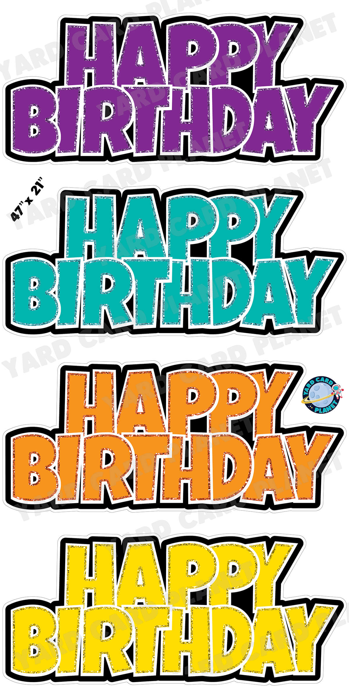 Happy Birthday Luckiest Guy EZ Quick Signs with Glitter Trim in Purple, Teal, Orange and Yellow Yard Card Set