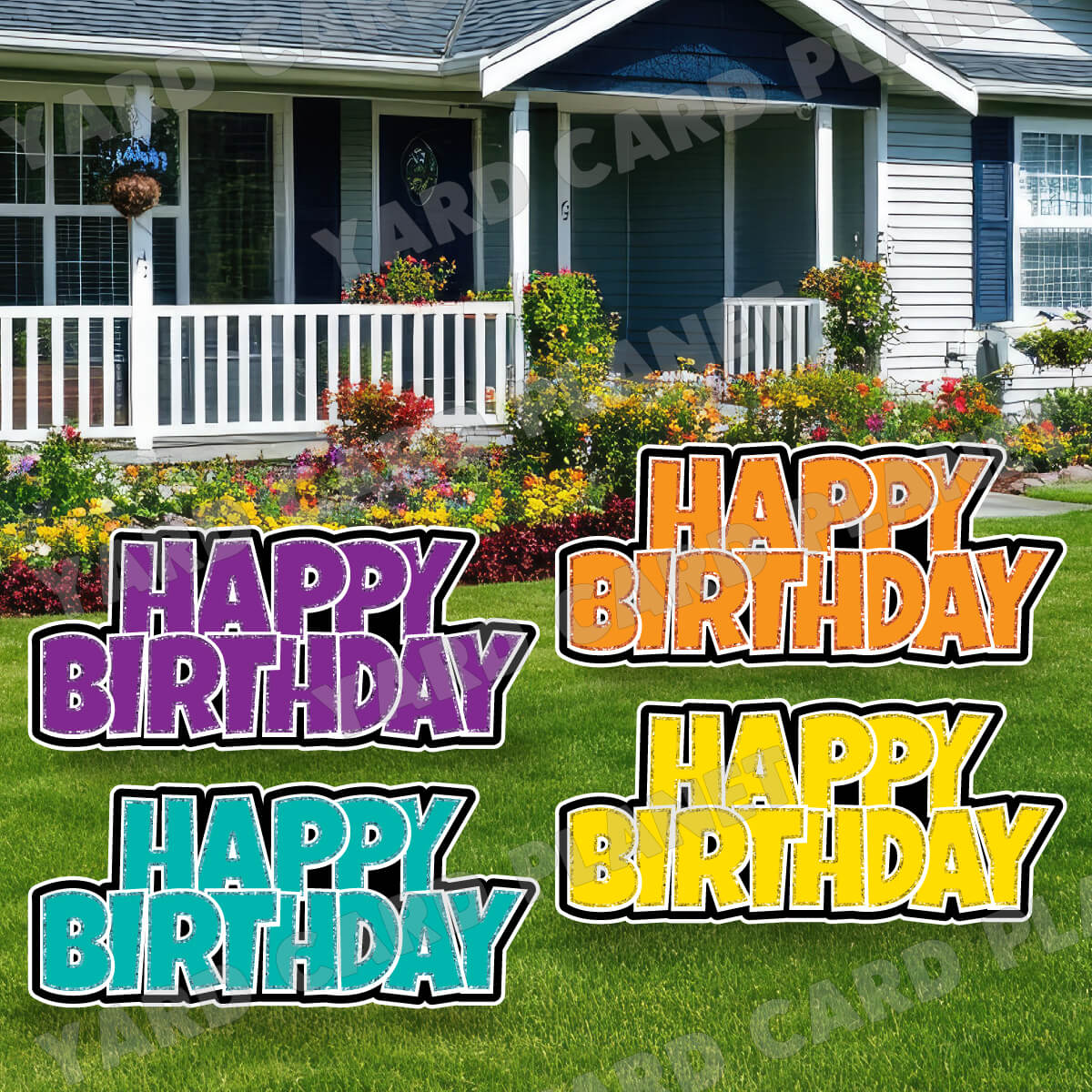 Happy Birthday Luckiest Guy EZ Quick Signs with Glitter Trim in Purple, Teal, Orange and Yellow Yard Card Set